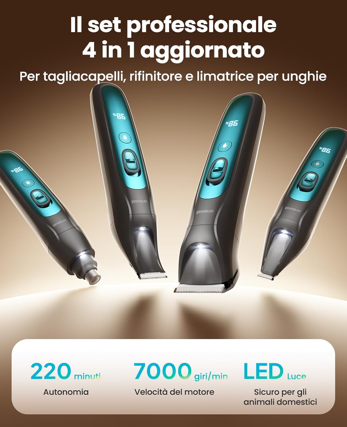 Detalle de Oneisall 4 in 1 Tosatrice per Cane e Gatto con Luce LED – versione 2025, 2000mAh