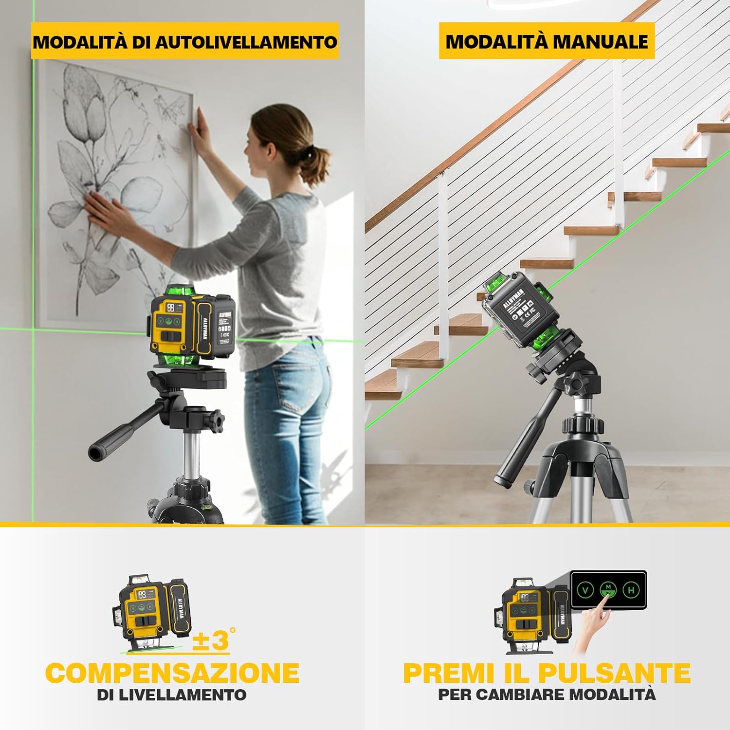 Thumbnail 3 de Alloyman Livella Laser Autolivellante 16 linee con treppiede, 4D verde (IP54) per lavori interni e fai da te