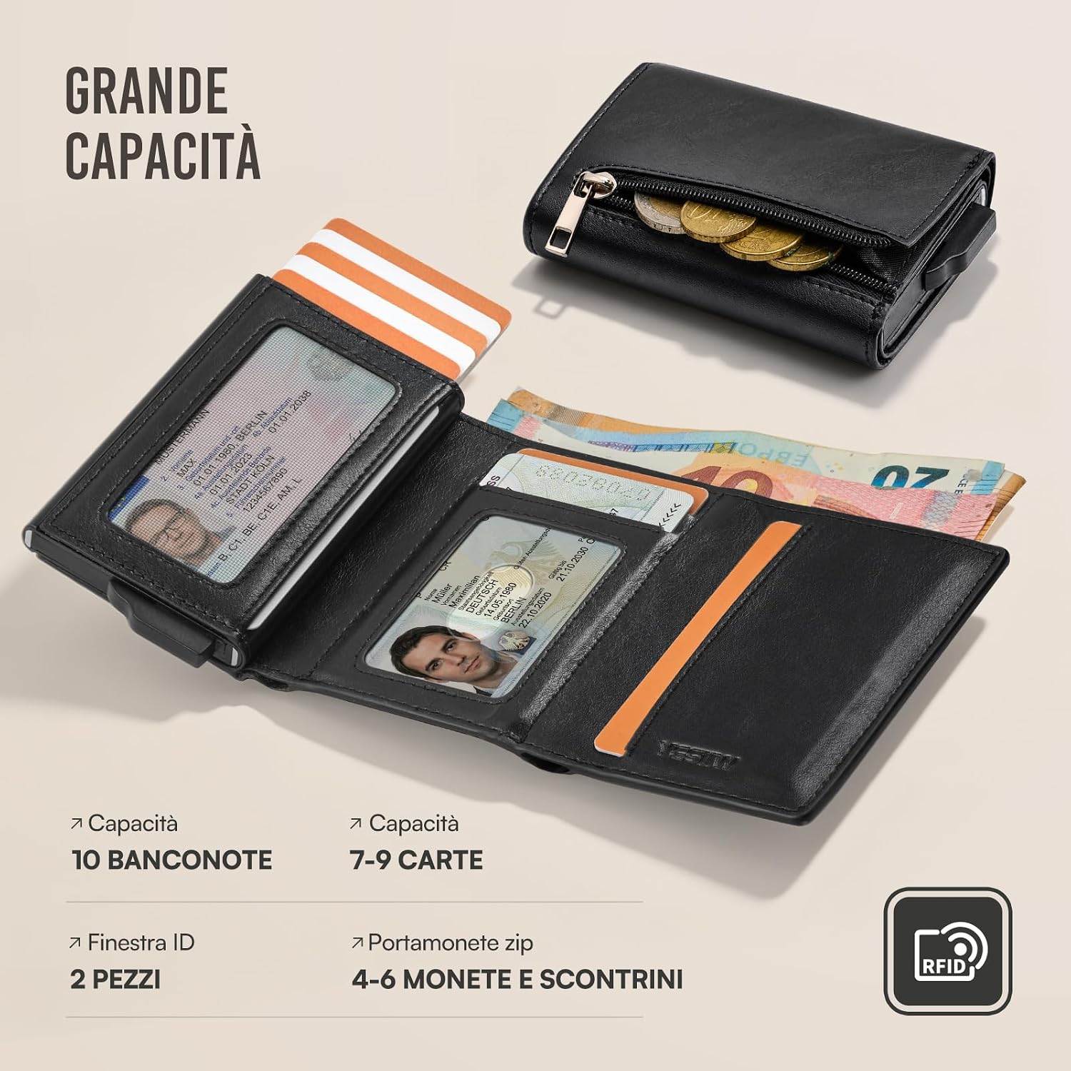 Detalle 2 de YESIIW Portafoglio Uomo Slim: Portafoglio Sottile con Porta Carte Pop-Up RFID