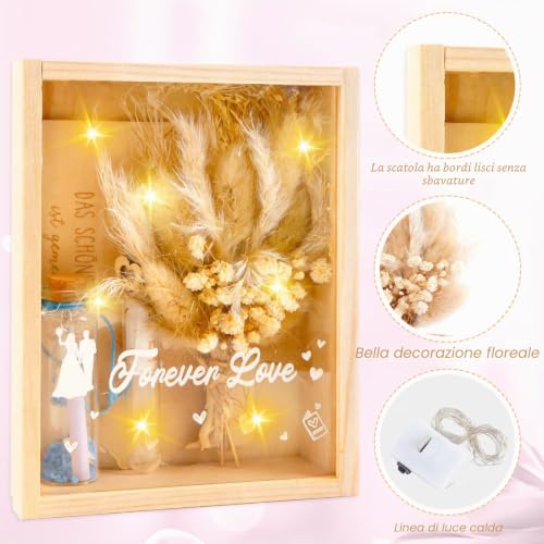 Detalle de Scatola Regalo di Nozze in Legno di Aitsite – Regalo Creativo per Sposi con Fiori Secchi e Catena Luminosa