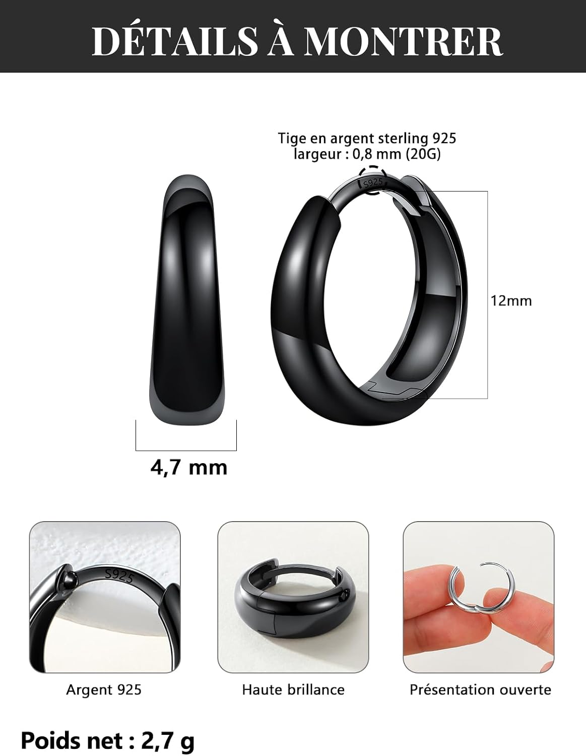 Thumbnail 2 de Silvora Petit Créoles Argent/Plaqué Or/Noir – Anneaux d’Oreille en Argent 925 et Cuivre, 8–14 mm