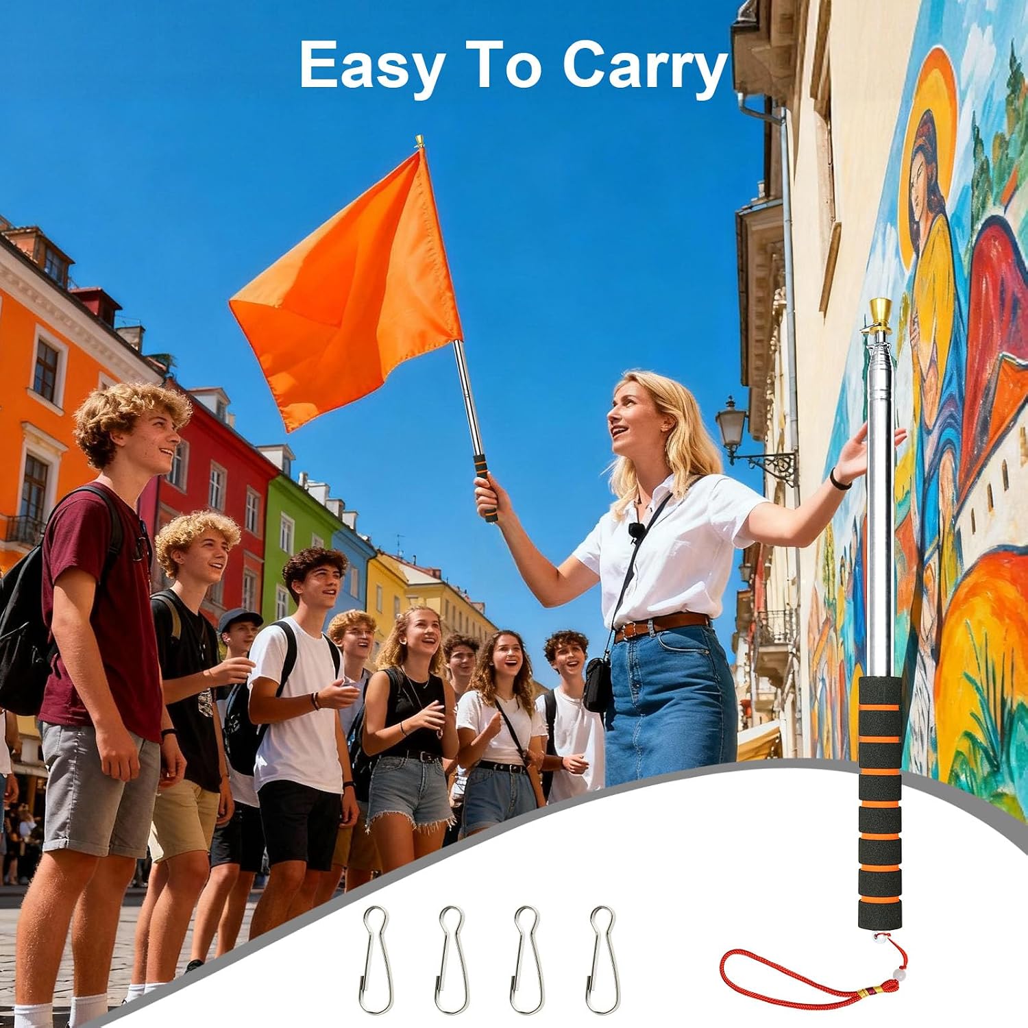 Detalle de APXEL mât de drapeau télescopique 3 m en acier inoxydable, orange (1 pièce)