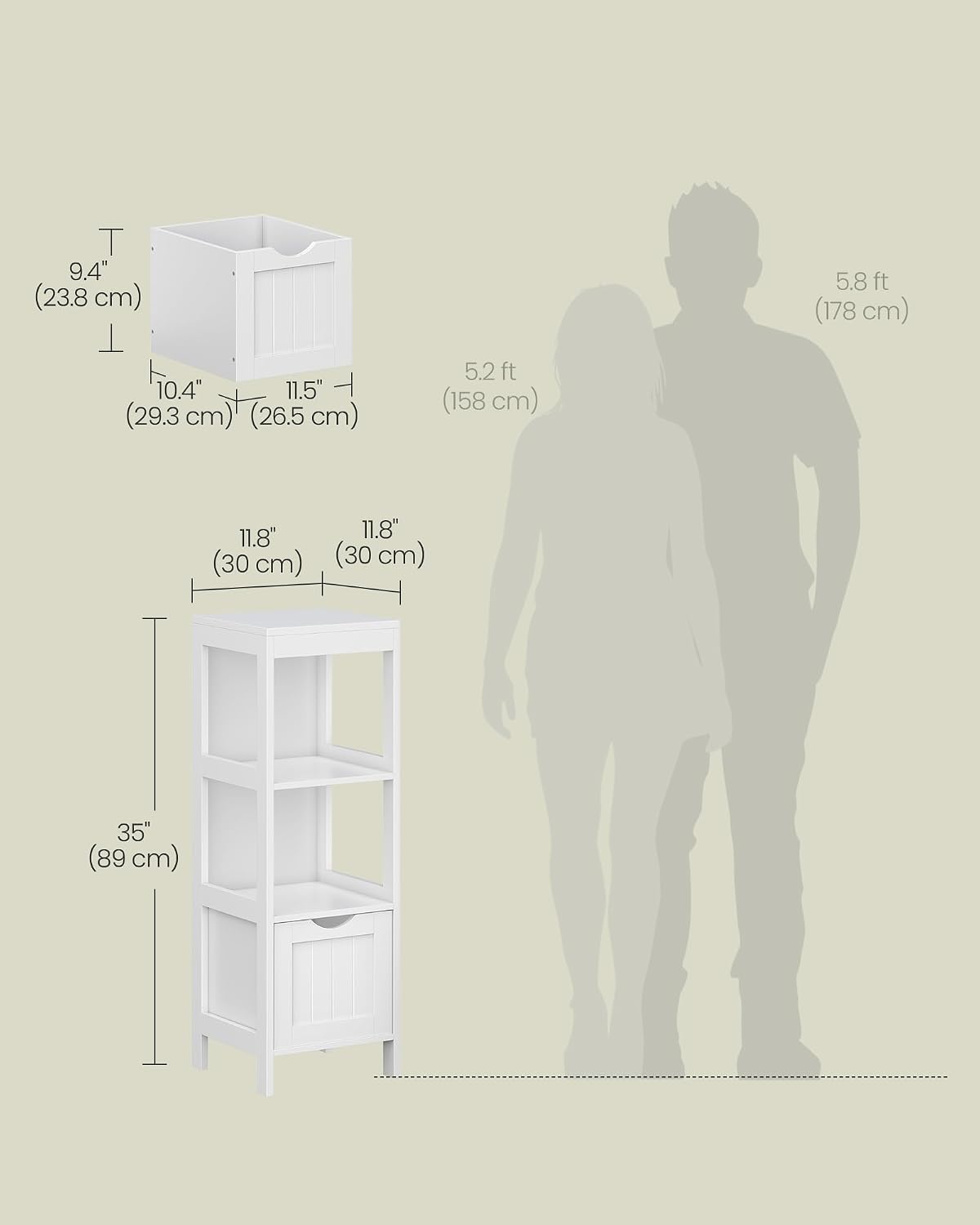 Detalle de VASAGLE UBBC42WT 35-inch storage cabinet with 2 drawers