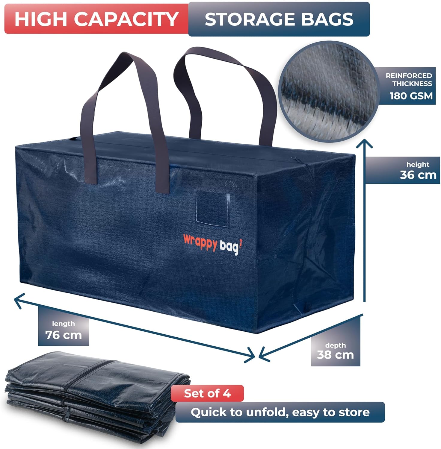 Thumbnail 1 de WRAPPYBAG Set of 4 Large Plastic Storage Bags – Jumbo XXL 76 x 36 x 38 cm with Built-in Backpack Straps