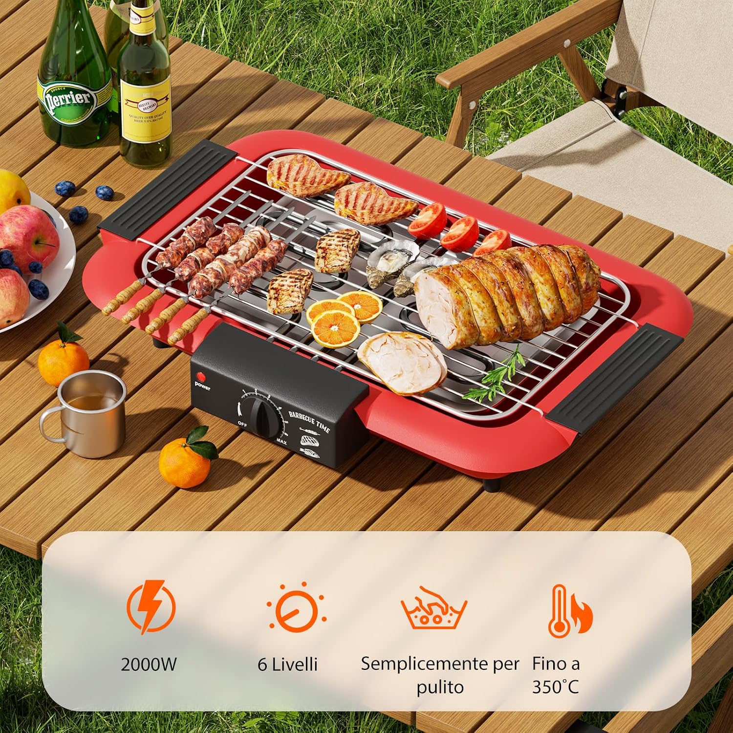 Detalle de Barbecue elettrico 2000 W con griglia portatile antiaderente, senza fumo – rosso D