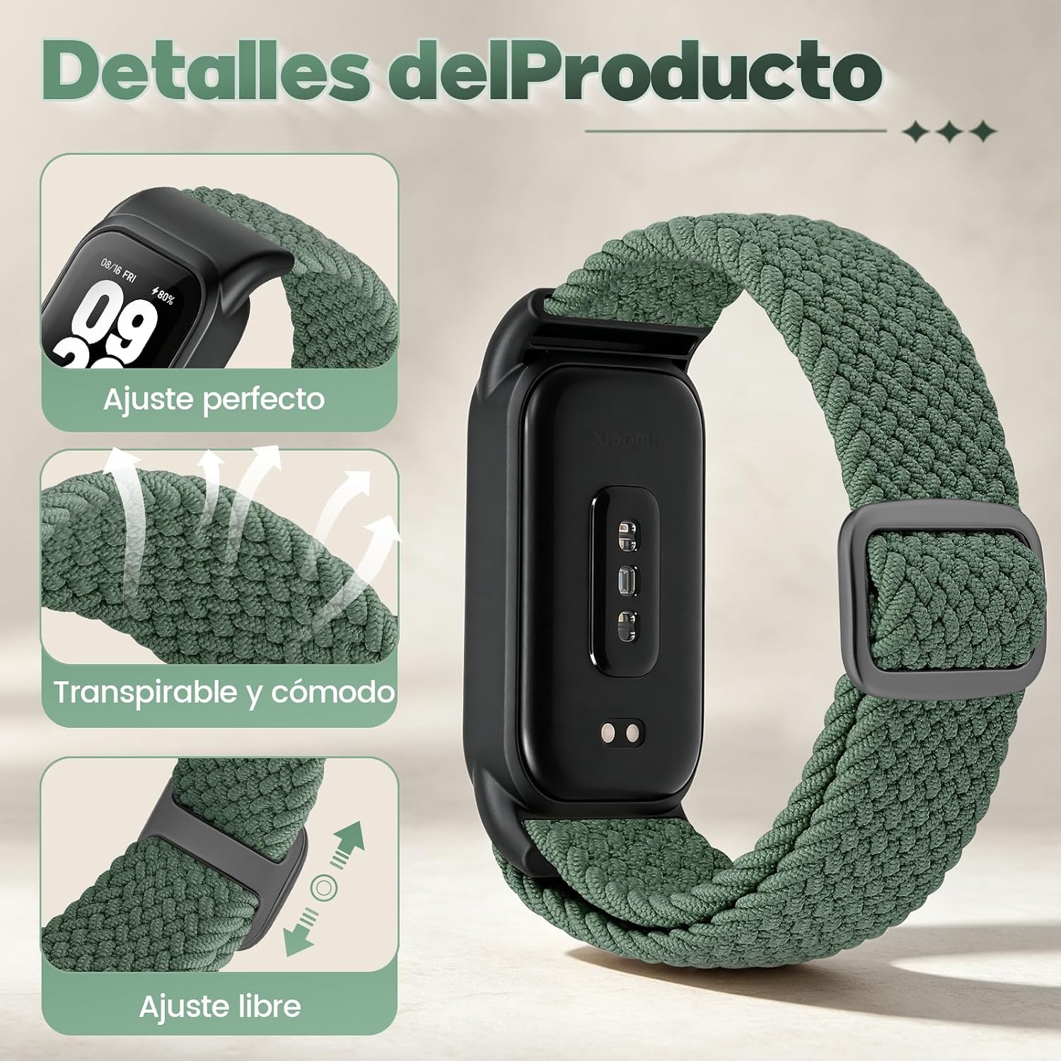 Detalle de Janpso Correas trenzadas para Xiaomi Smart Band 9 Active/Redmi Smart Band 3 – Elástico y ajustable