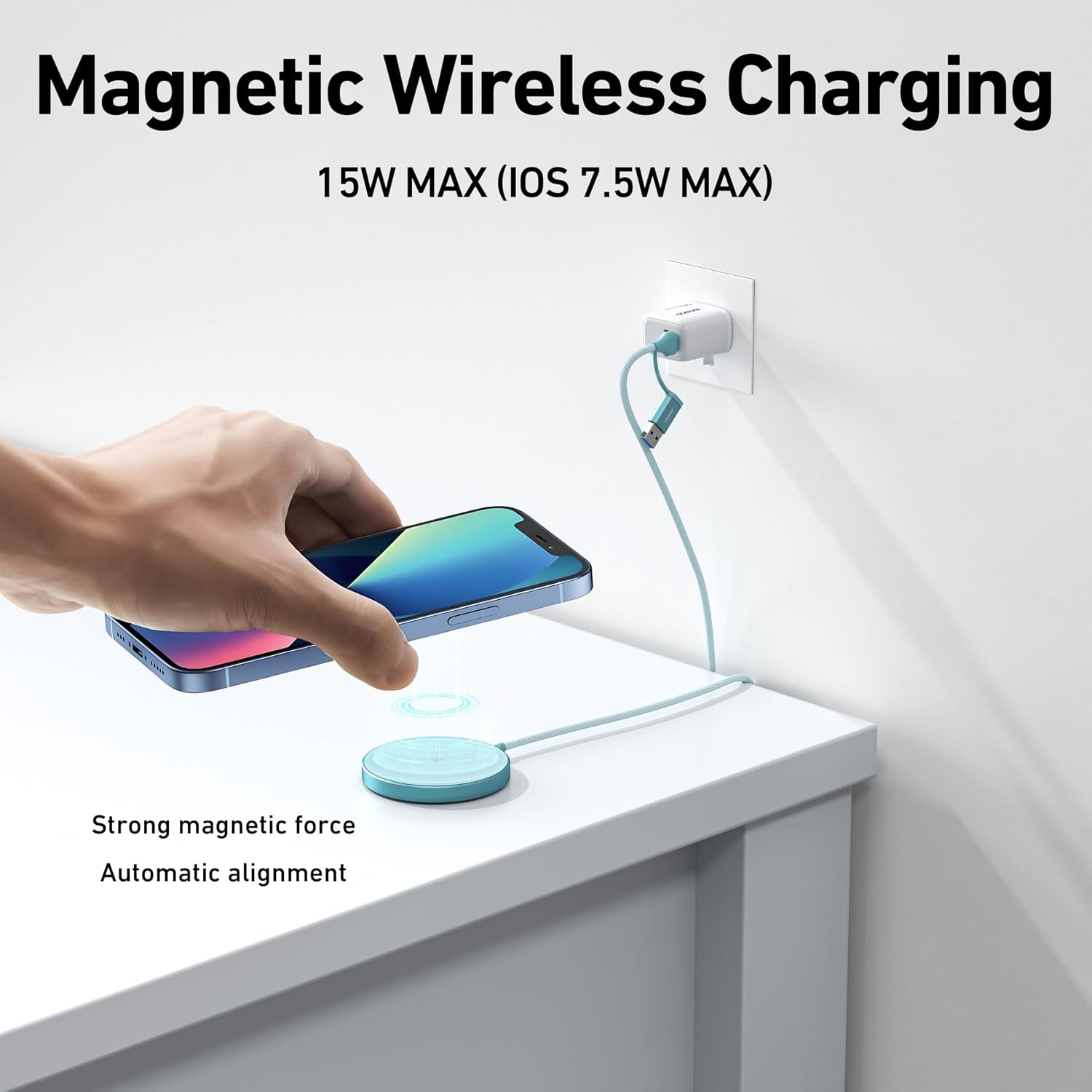Detalle 2 de BENFEI Caricatore Wireless Magnetico 15W: compatibile MagSafe per iPhone 12-17 e AirPods, design piccolo e leggero
