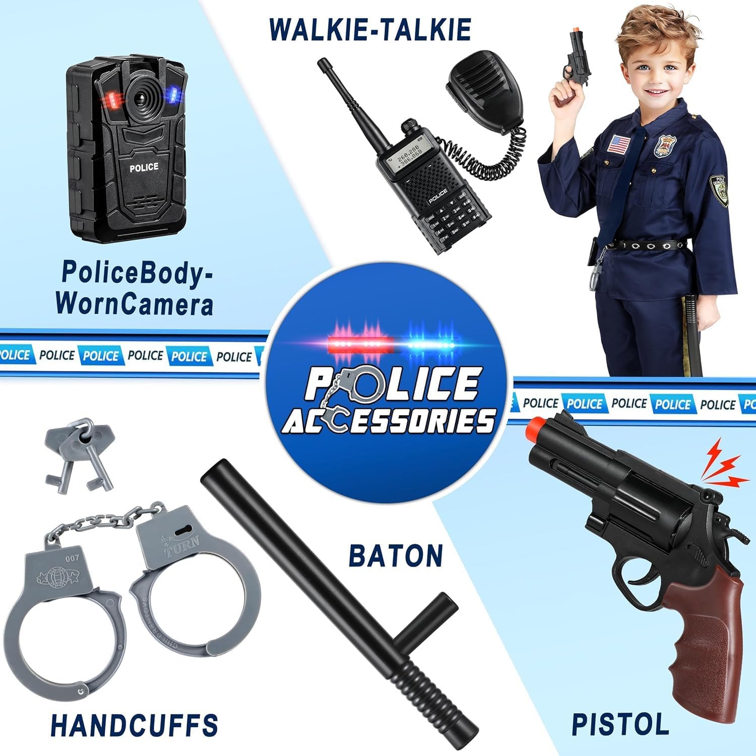 Detalle de Joycover Kids Police Officer Costume, Size S (4-5Y), Navy Blue with Accessories