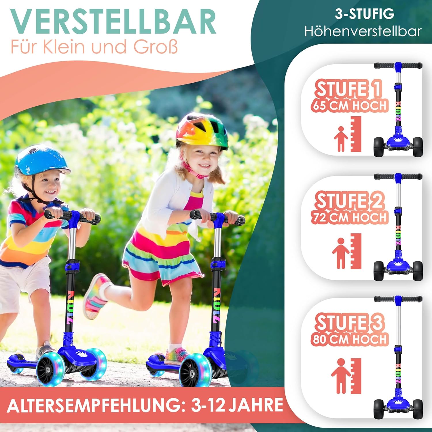 Detalle de KIDIZ Roller X-Pro2 Dreiradscooter – höhenverstellbar, LED-Räder und Fold-Up für 3–12 Jahre