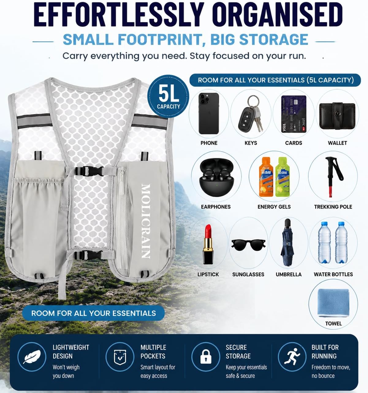 Thumbnail 2 de Molicrain Running Hydration Vest Backpack (5L) with Phone Holder and Breathable Ventilation
