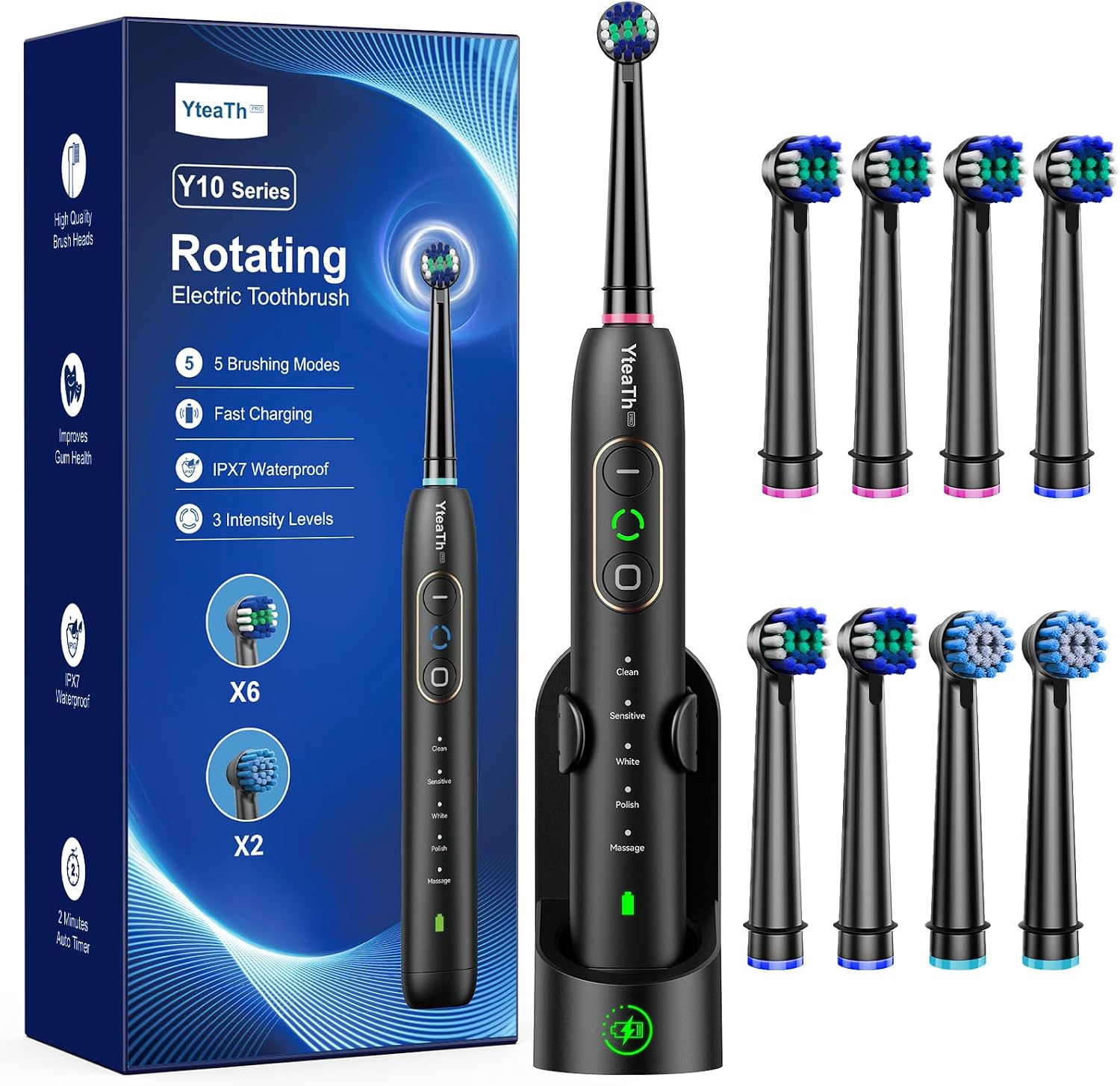 Rotating Electric Toothbrush with 8 Brush Heads (2 Types) for Adults | 3 Intensities, 5 Modes, and Wall Charging