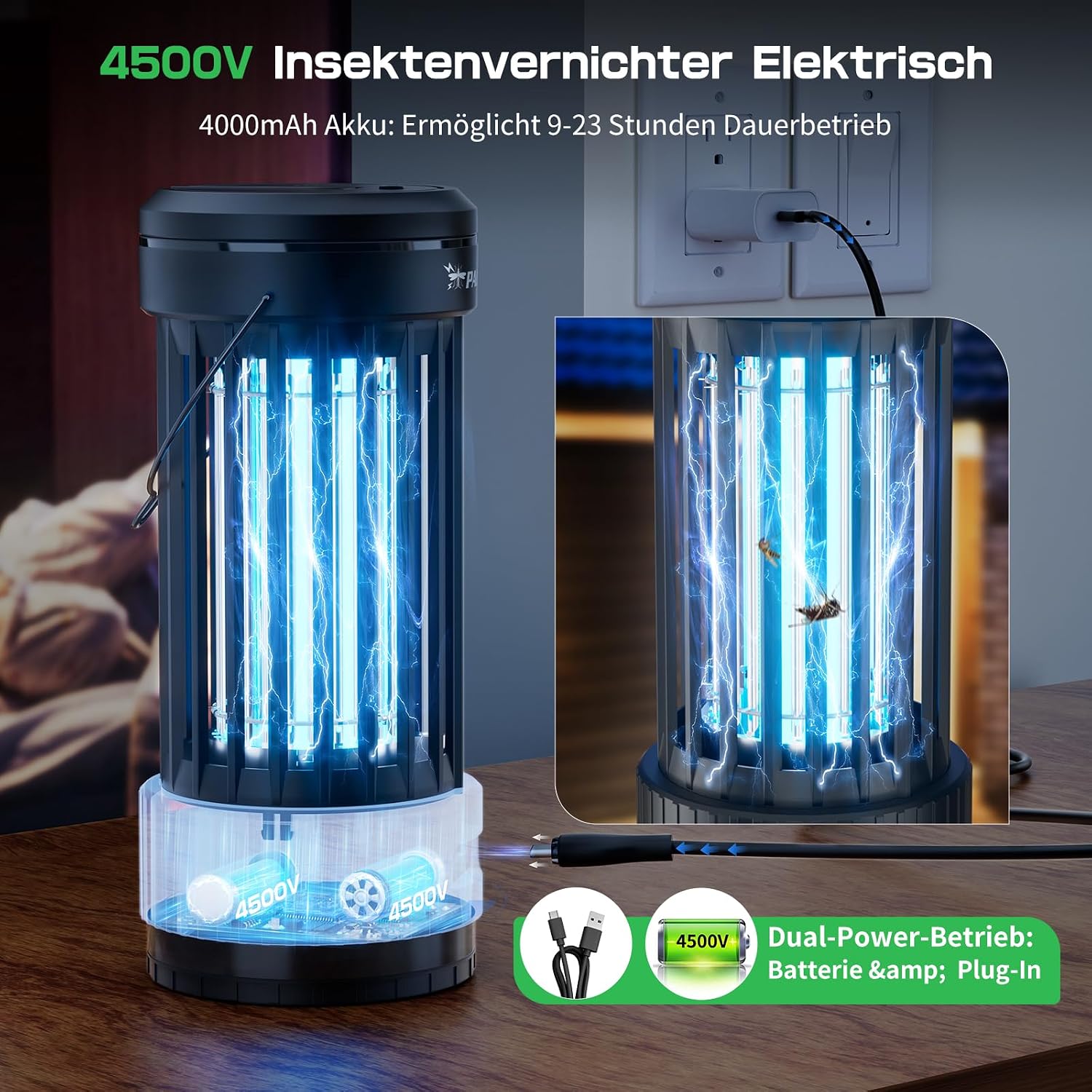 Thumbnail 4 de PALONE Elektrischer Insektenvernichter mit ausziehbarer Stange, 4000 mAh, 4500 V, USB-C, UV-Licht und LED-Beleuchtung