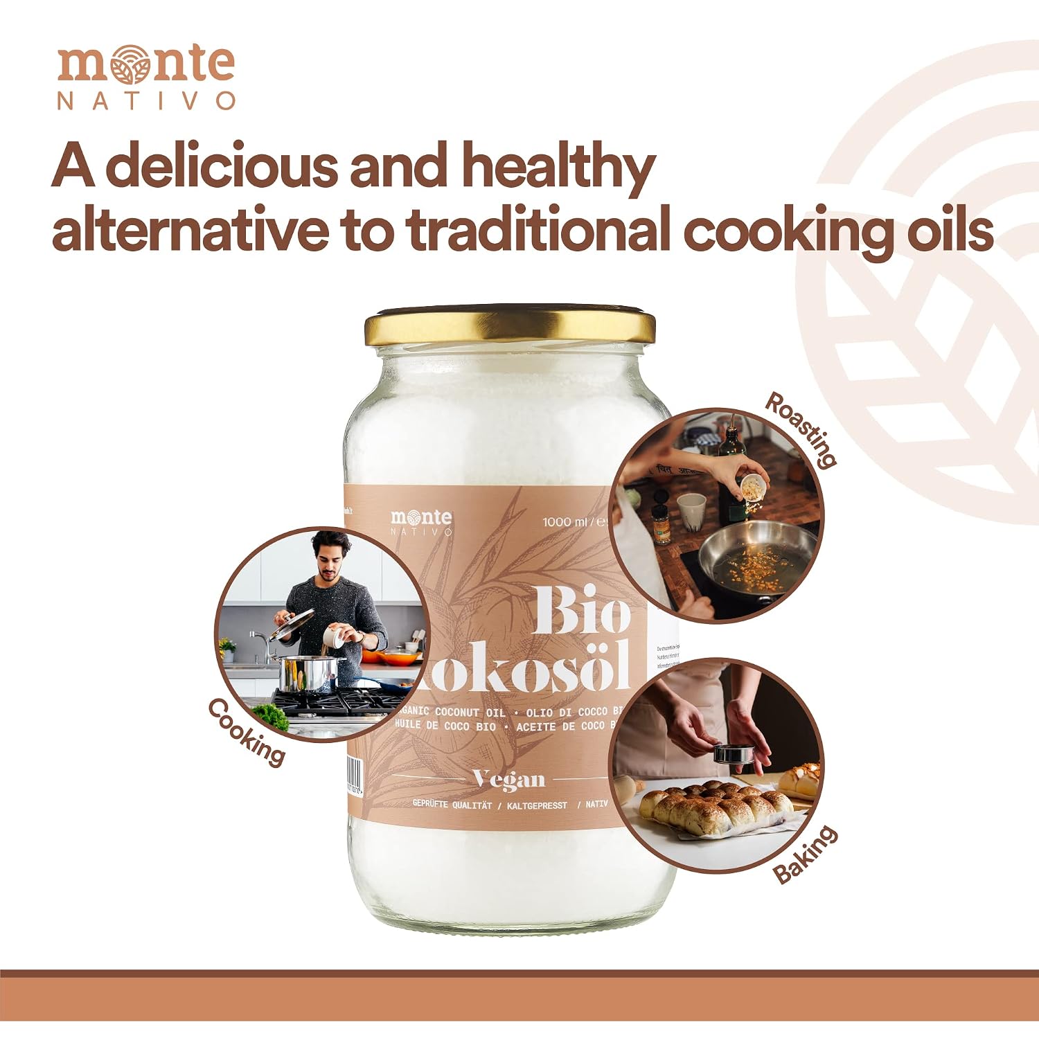 Detalle 2 de MonteNativo Bio Kokosöl – 3 x 1000 ml: kaltgepresst, roh & naturrein