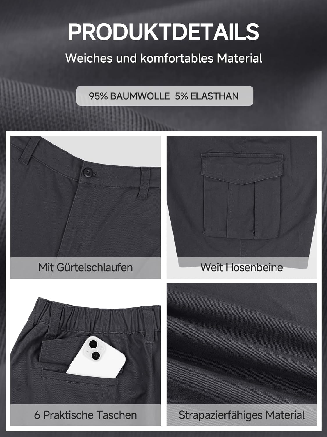 Thumbnail 4 de StylSense Herren Cargo Shorts aus Baumwolle mit 6 Taschen – kurze Cargohose für Sommer & Alltag