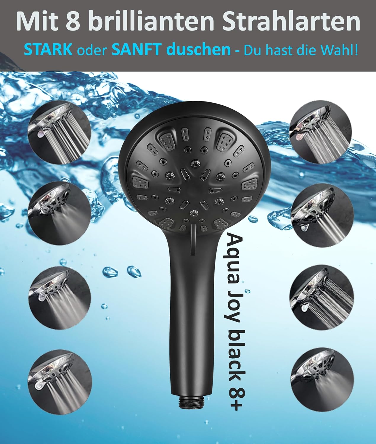 Detalle de BLUMBACH Duschkopf schwarz wassersparend „Aqua Joy“ mit 8 Strahlarten und druckerhöhender Wirkung