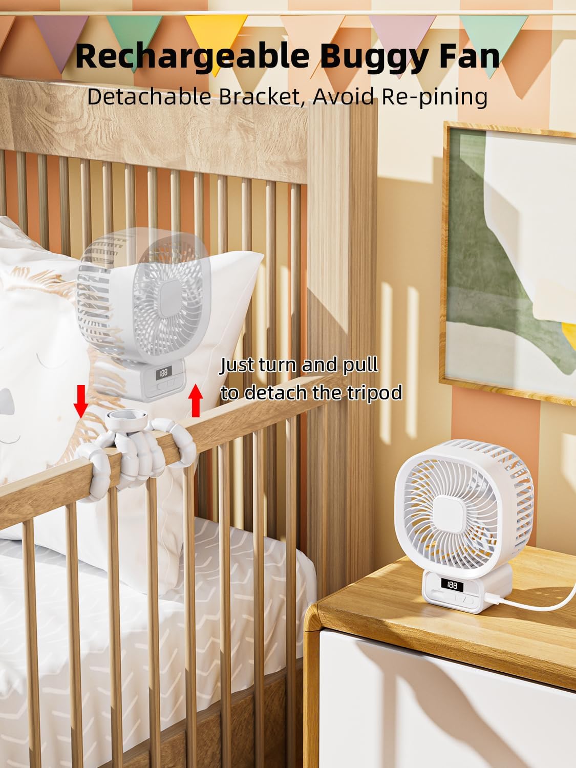 Detalle 2 de Wrischan Portable Pram Fan with 10000mAh Battery and Detachable 3-Speed Head