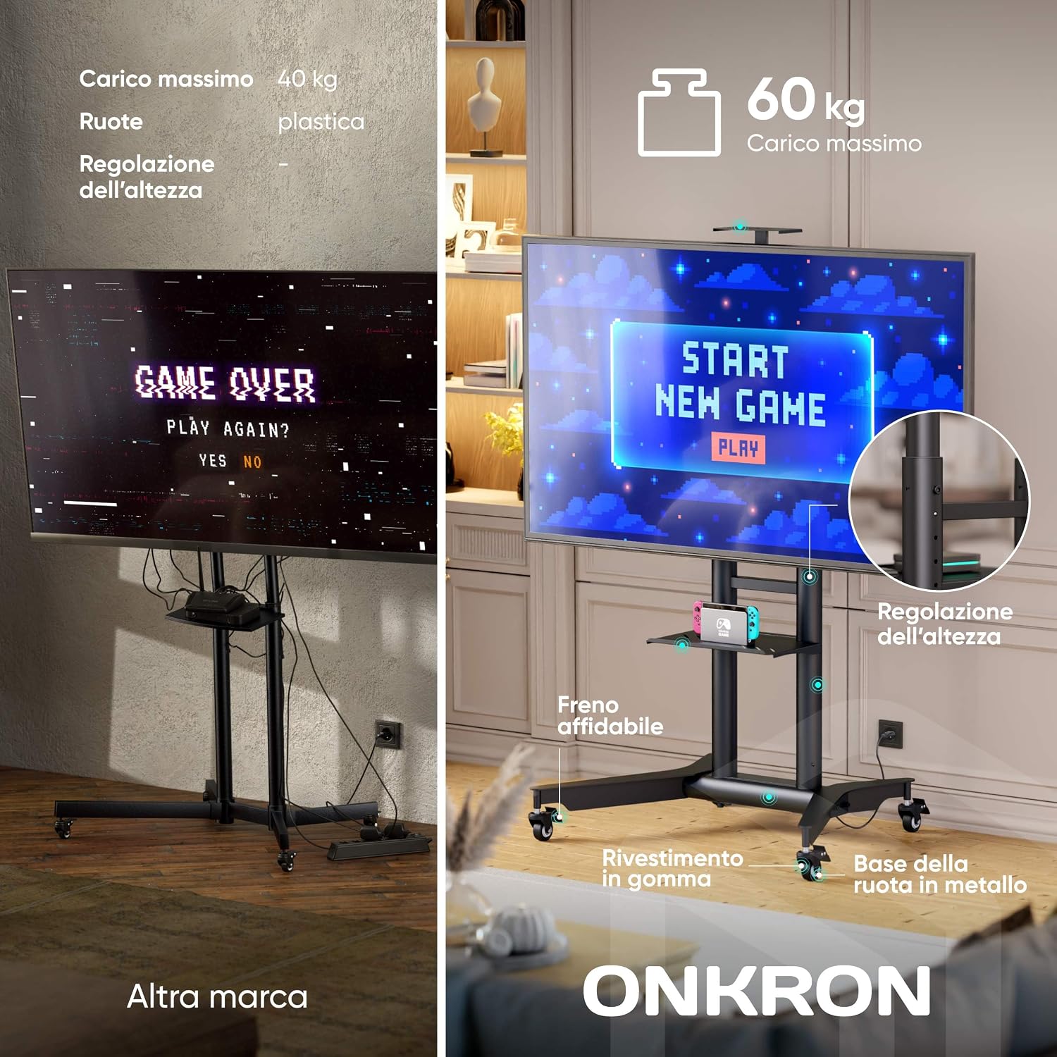 Detalle 2 de ONKRON TS1571-B supporto TV da pavimento 32–75 pollici con ruote, mensola e altezza regolabile