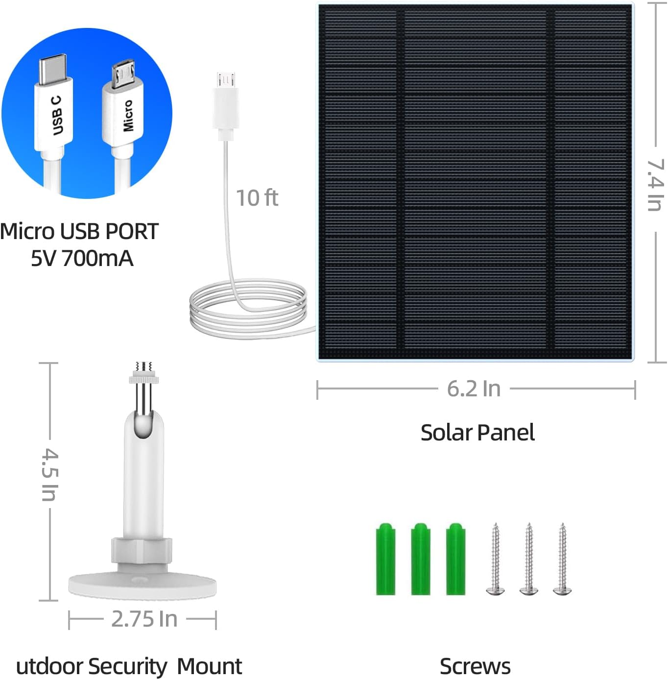Thumbnail 5 de 5W Solar Panel for Security Camera (Micro USB & USB-C) with IP65 Waterproof Mount, 9.8ft Cable