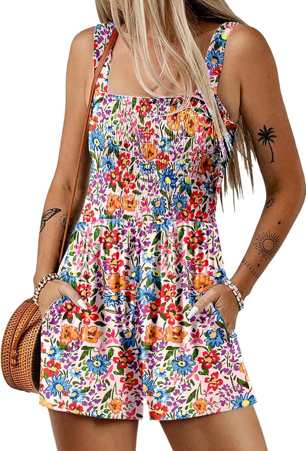 Detalle de Dokotoo Women's Summer Casual Smocked Rompers: Lightweight, Loose-Fit Jumpsuit for Beach Trips