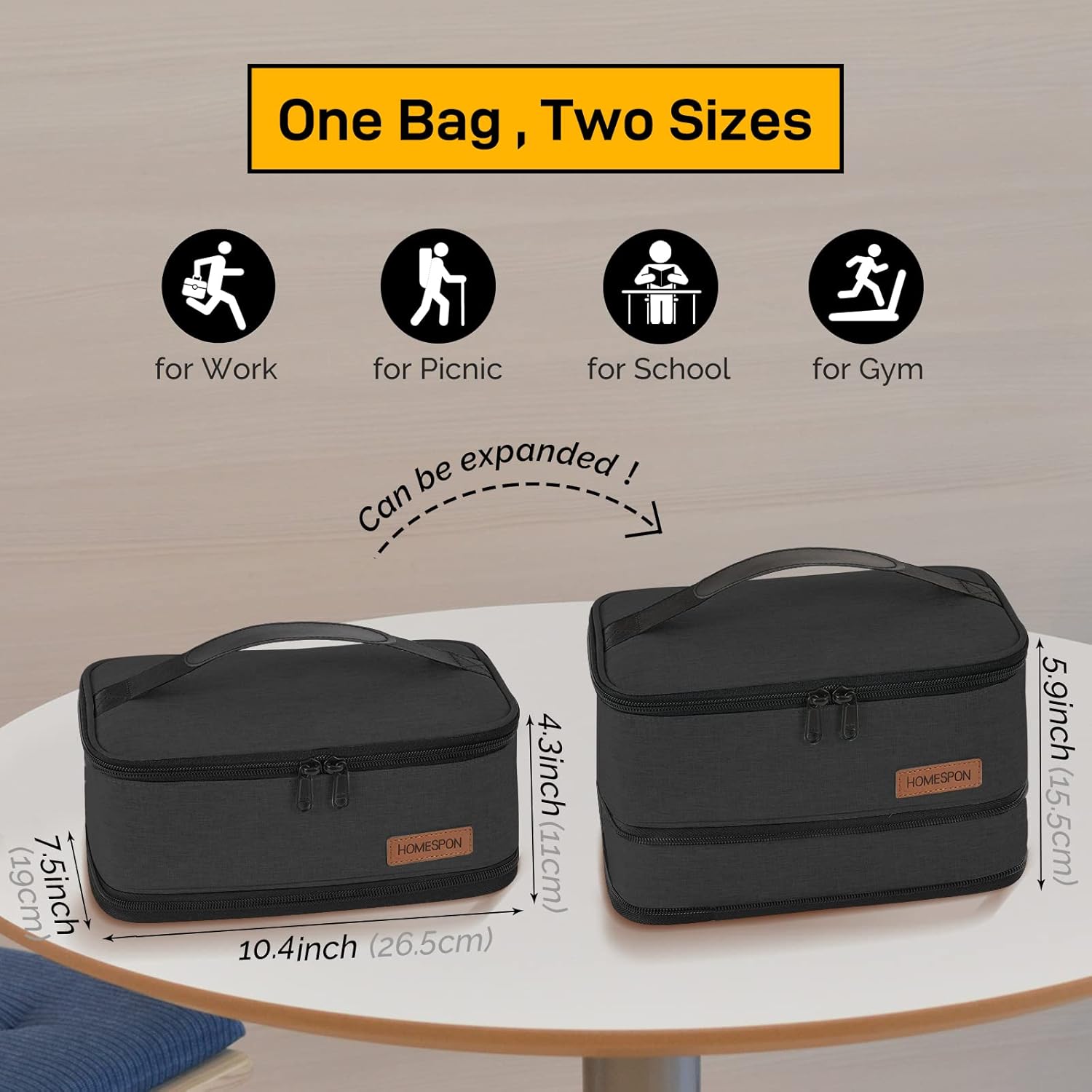 Detalle de HOMESPON Expandable Insulated Lunch Bag (Black) – foldable lunch box holder with handle