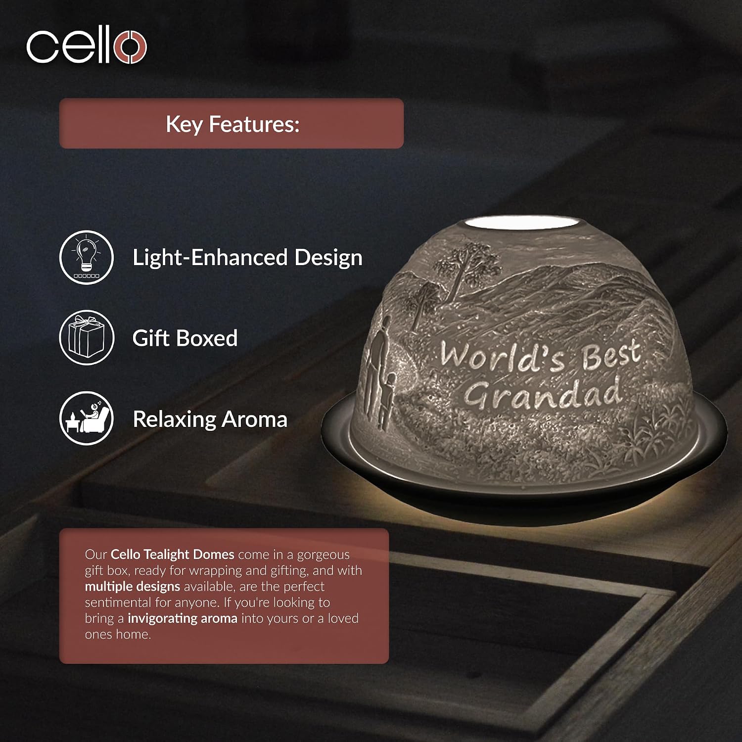 Detalle de Cello Porcelain Tealight Holder Dome with 3D projection and “World’s Best Grandad” message