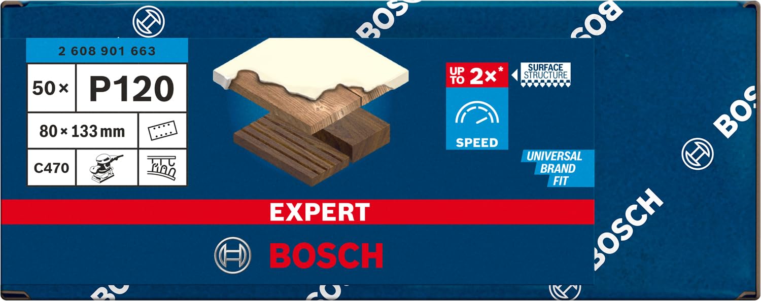 Detalle 2 de Bosch 2608901663 EXPERT C470 Sandpaper, 80 x 133 mm, 120 grit, 8-hole