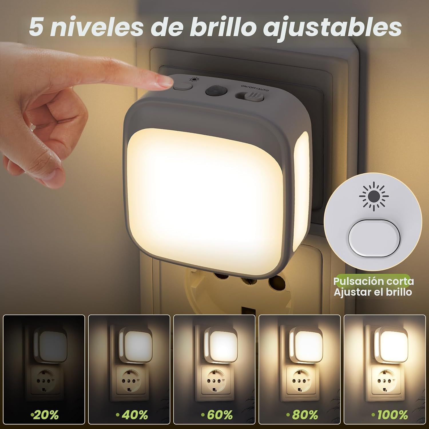 Detalle de PALATALA luz nocturna infantil con sensor crepuscular y enchufe (2 piezas) regulable 3000K