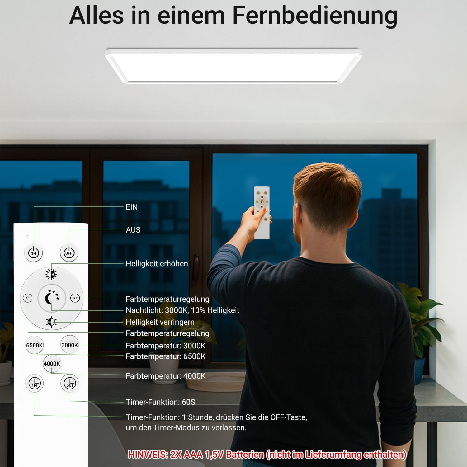 Thumbnail 5 de zemty LED Panel Deckenleuchte 58x20 cm – dimmbar, Fernbedienung, 3000–6500K, 3500 lm, IP44