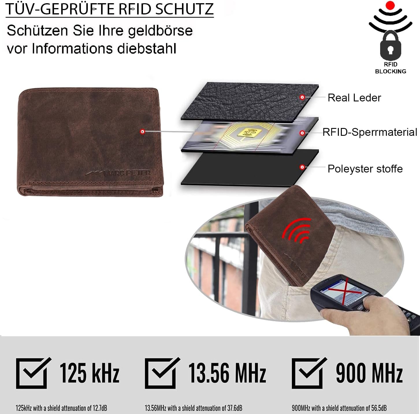 Detalle de Marc Peter® Echt-Leder Geldbörse Hanover – RFID-Schutz, 10 Fächer, Vintage Braun