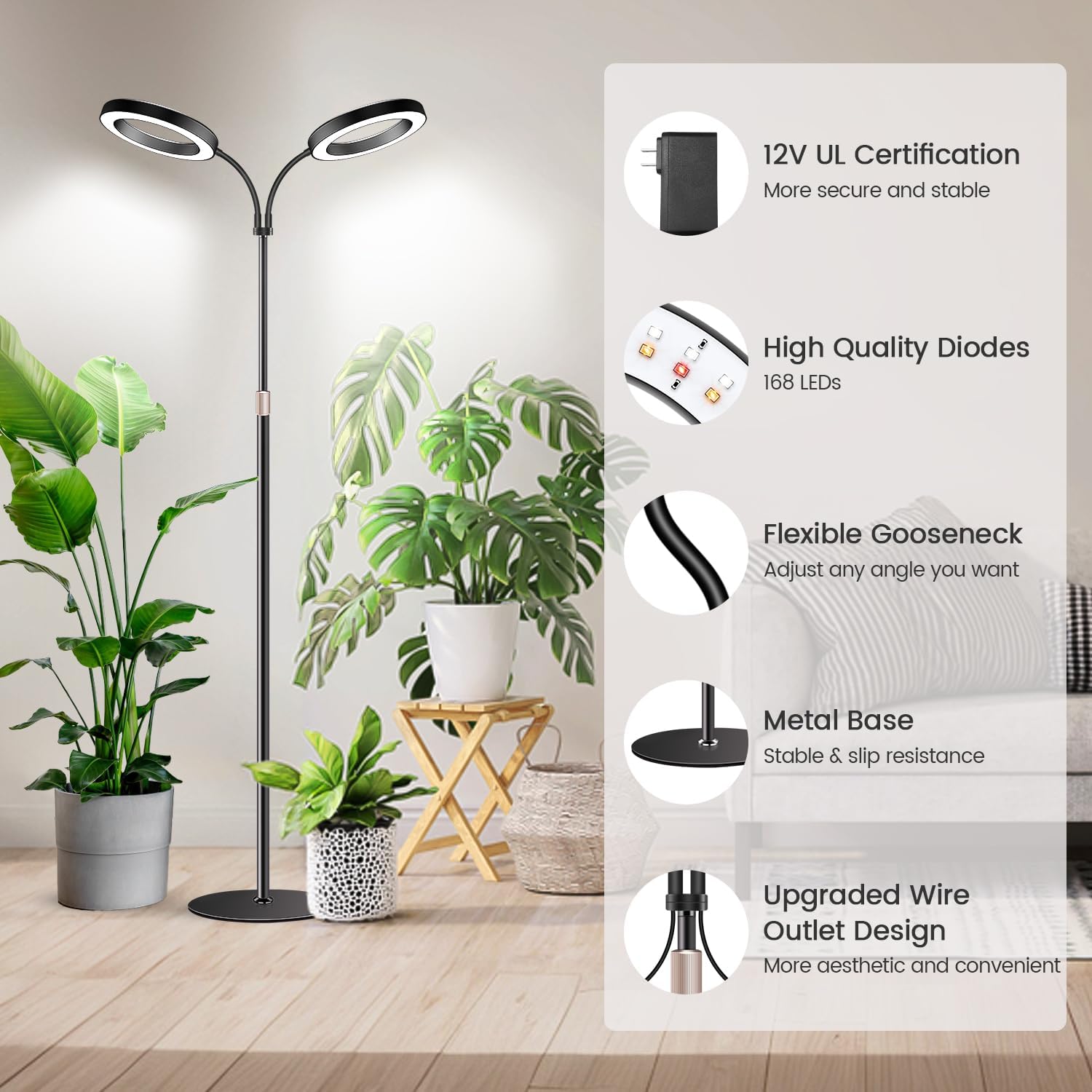 Detalle 2 de Garpsen Halo Pflanzenlampe mit Dual-Kopf Vollspektrum-LED, Standfuß, Timer 6/12/16 h und dimmbaren Stufen