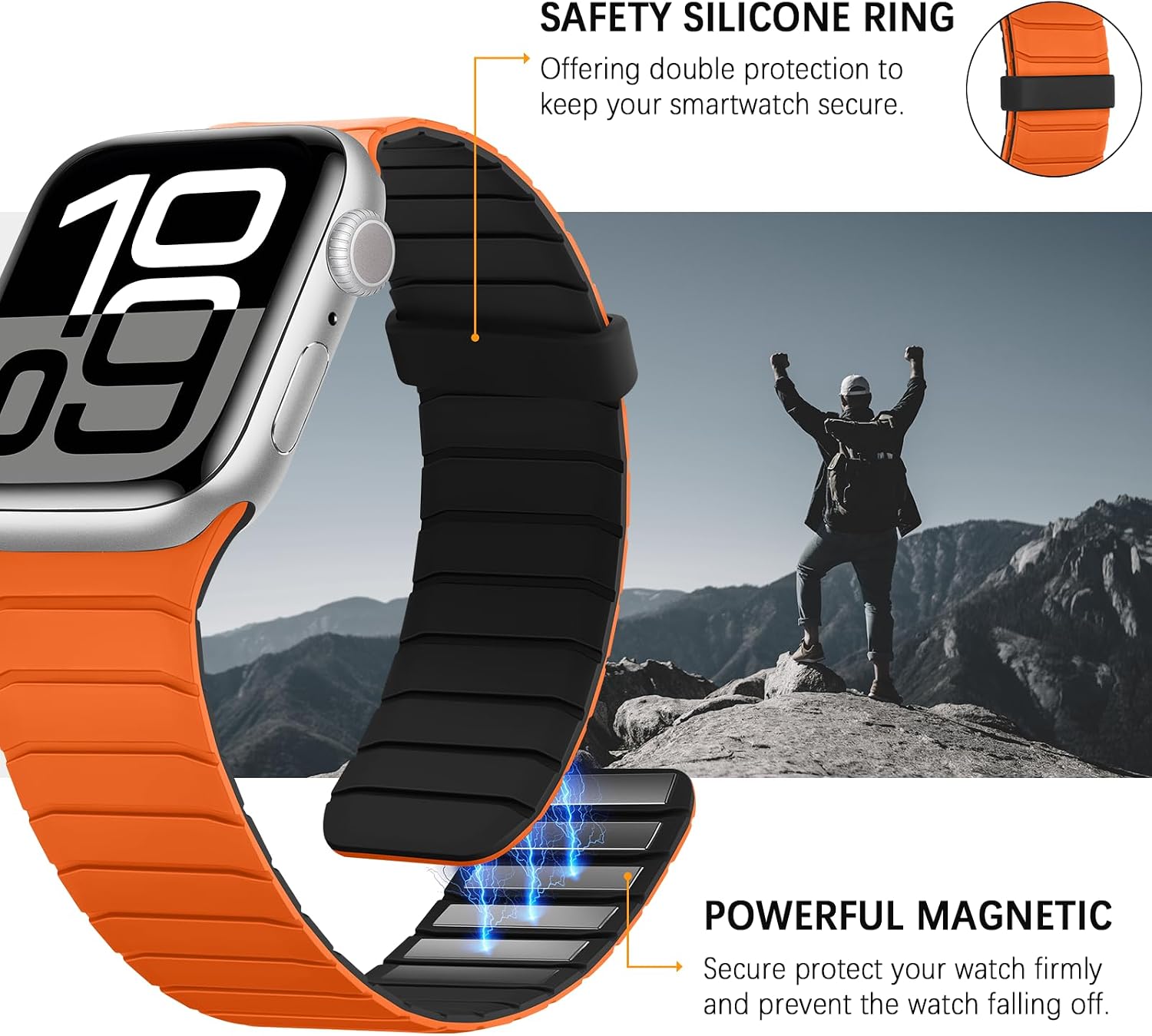 Detalle de Sixmoat Magnetic Silicone Strap for Apple Watch 38–42mm (Orange-Black) – 11/10 Series Compatibility