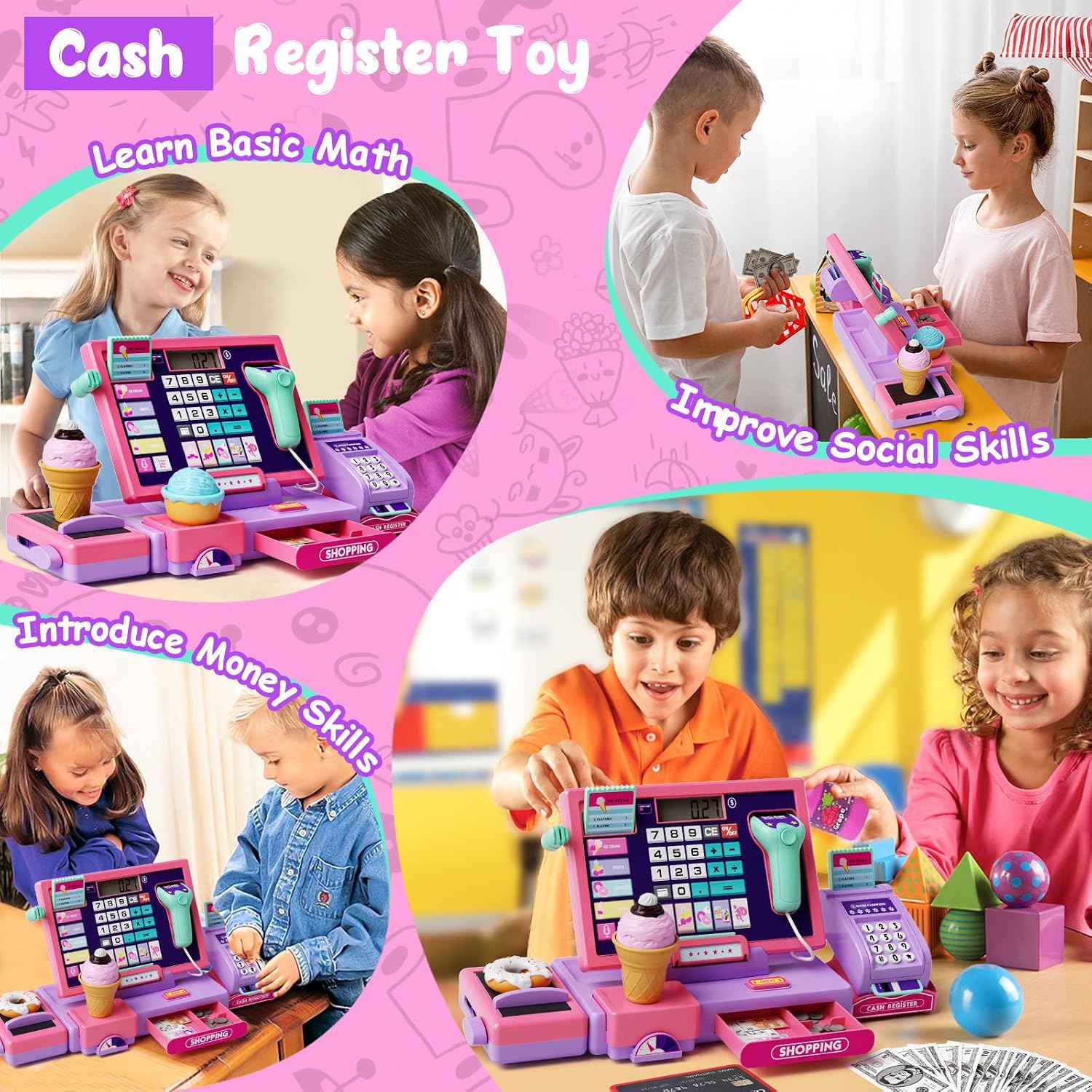 Detalle de Maysida Kids Cash Register Toy Playset: Real Calculator, Scanner and Play Money for Engaging Toddler Shop Play