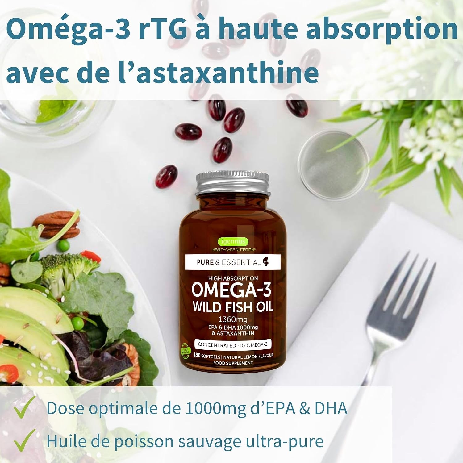 Thumbnail 1 de Igennus Omega-3 Huile de poisson sauvage rTG + astaxanthine (180 capsules) certifié IFOS
