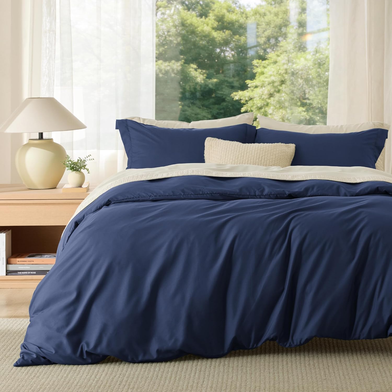 Detalle de Bedsure Duvet Cover Set-Solid Queen Duvet Cover, Double-Brushed Navy Blue, 90 x 90 in