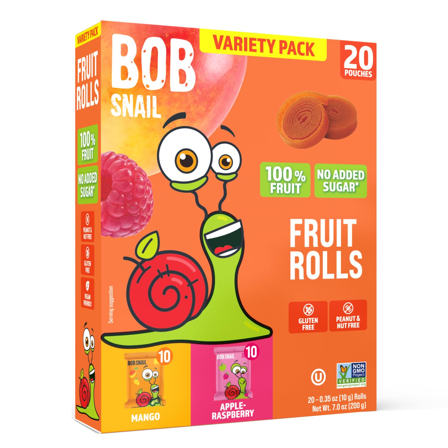 Detalle de Bob Snail Fruit Roll Ups, 20-Pack Mango and Raspberry Snacks, 7 oz