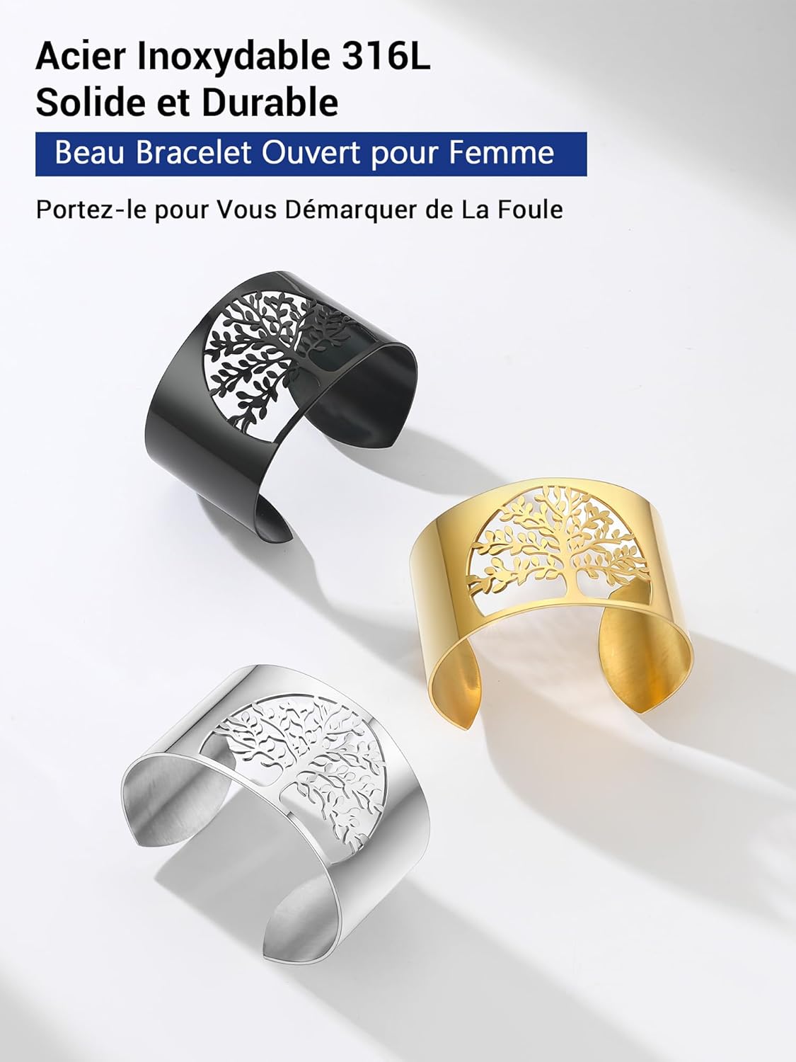 Thumbnail 6 de Bracelet manchette ouvert PROSTEEL en acier 316L, motif arbre de vie