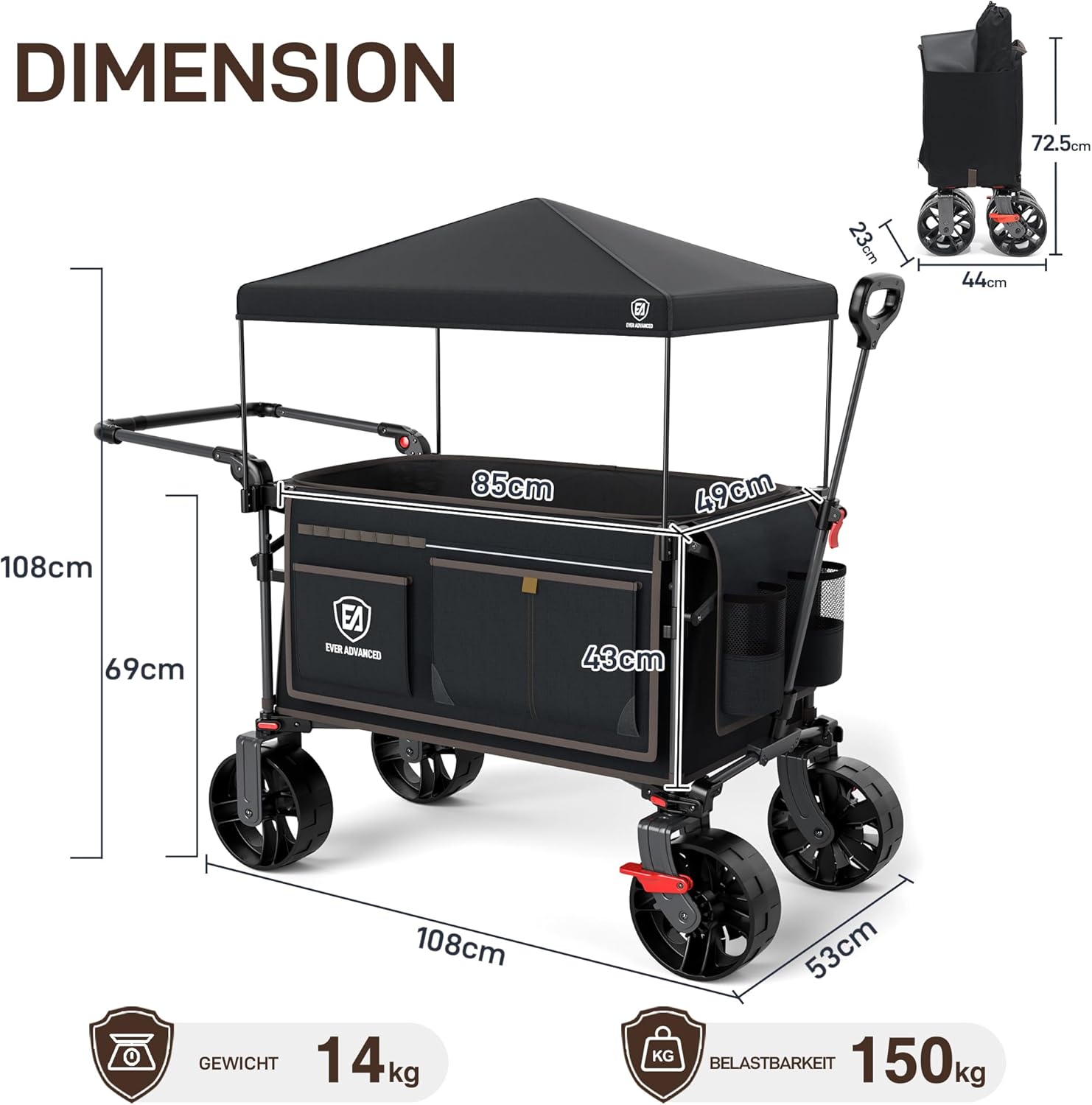 Thumbnail 2 de EVER ADVANCED XXL Bollerwagen faltbar (225 l) bis 150 kg mit Bremse, Dach & klappbarem Handwagen