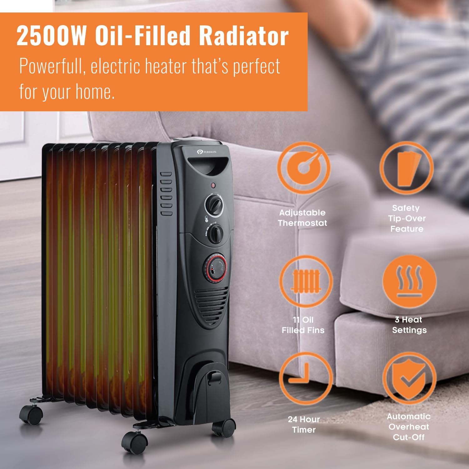 Detalle 2 de PureMate Oil Filled Radiator 2500W — 11-fin heater