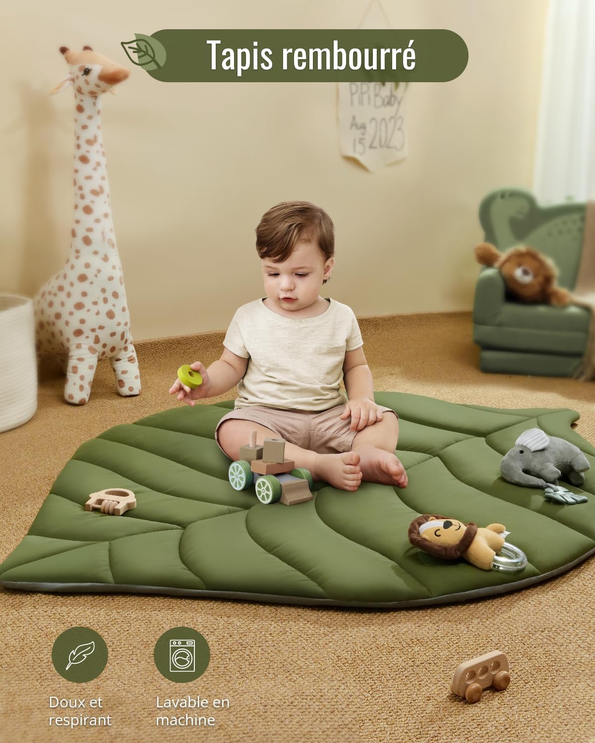 Thumbnail 3 de Blissful Diary Tapis d’éveil bébé avec arche amovible et 6 jouets – forme feuille, vert forêt