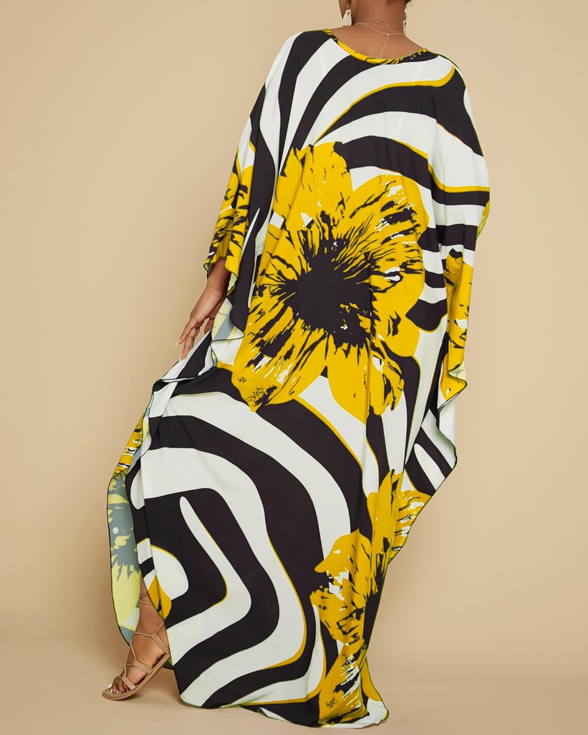 Thumbnail 4 de Plus size ethnic print kaftan beach dress cover up (V-neck, batwing sleeves, side slits)