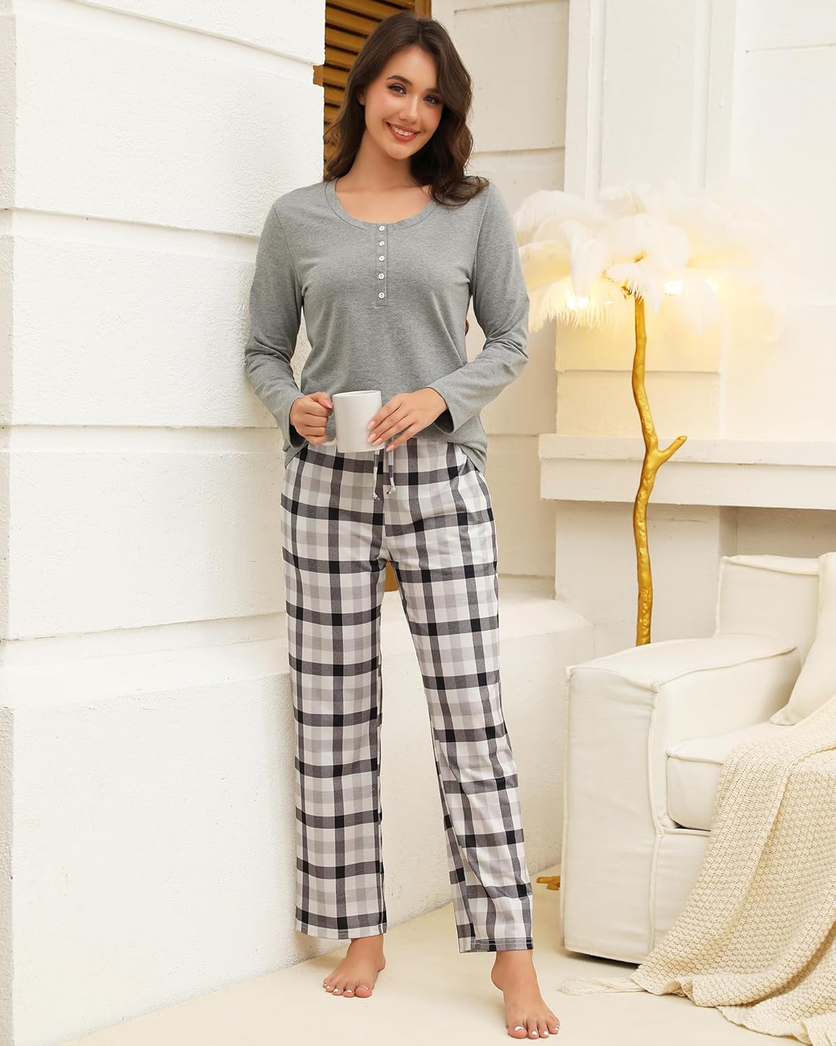 Thumbnail 1 de TeJoyce Women’s Soft Cotton Pyjama Sets – Long Sleeve Top & Checked Pants with Pockets