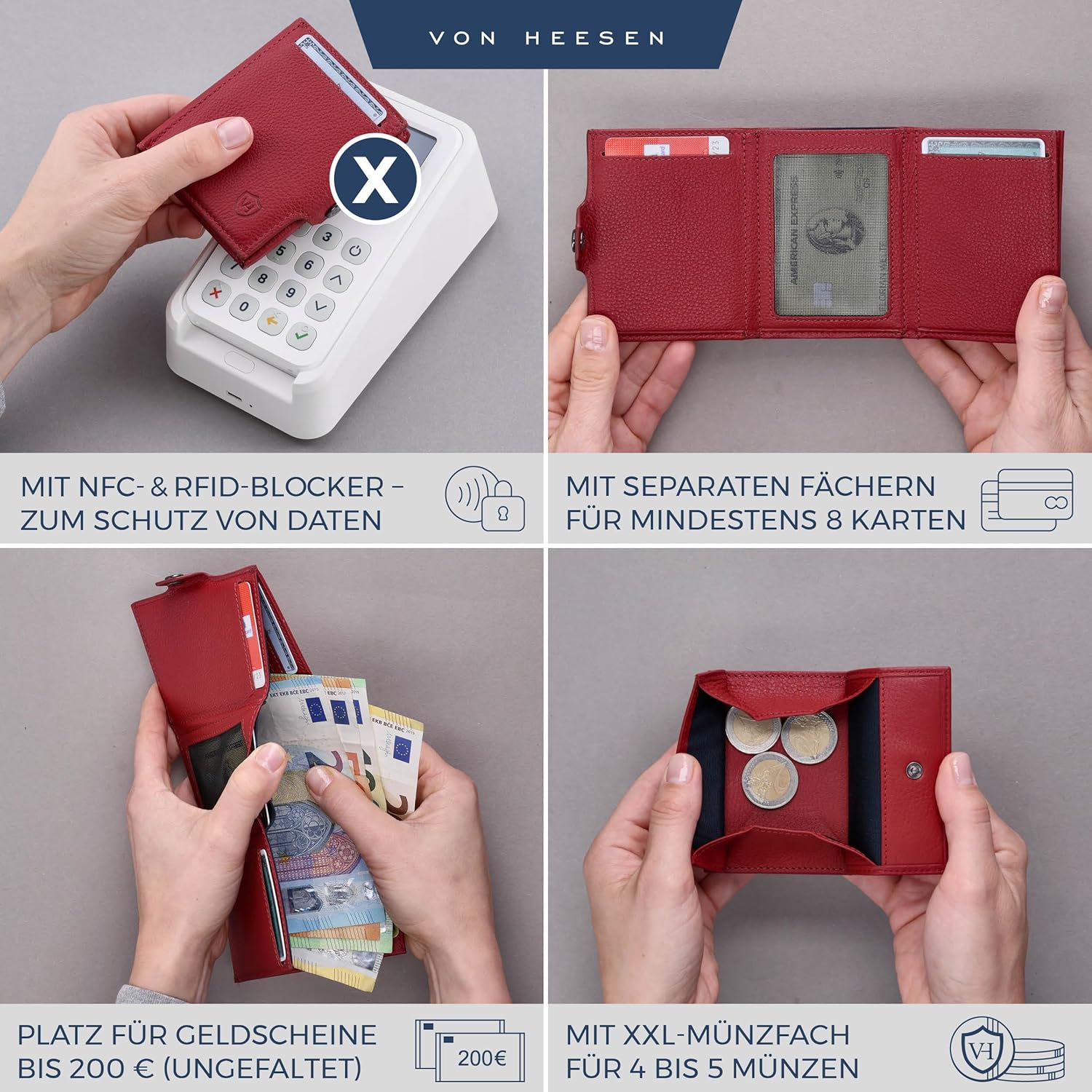 Thumbnail 1 de VON HEESEN Slim Wallet mit XXL Münzfach & RFID-Schutz – Leder Geldbeutel Rot