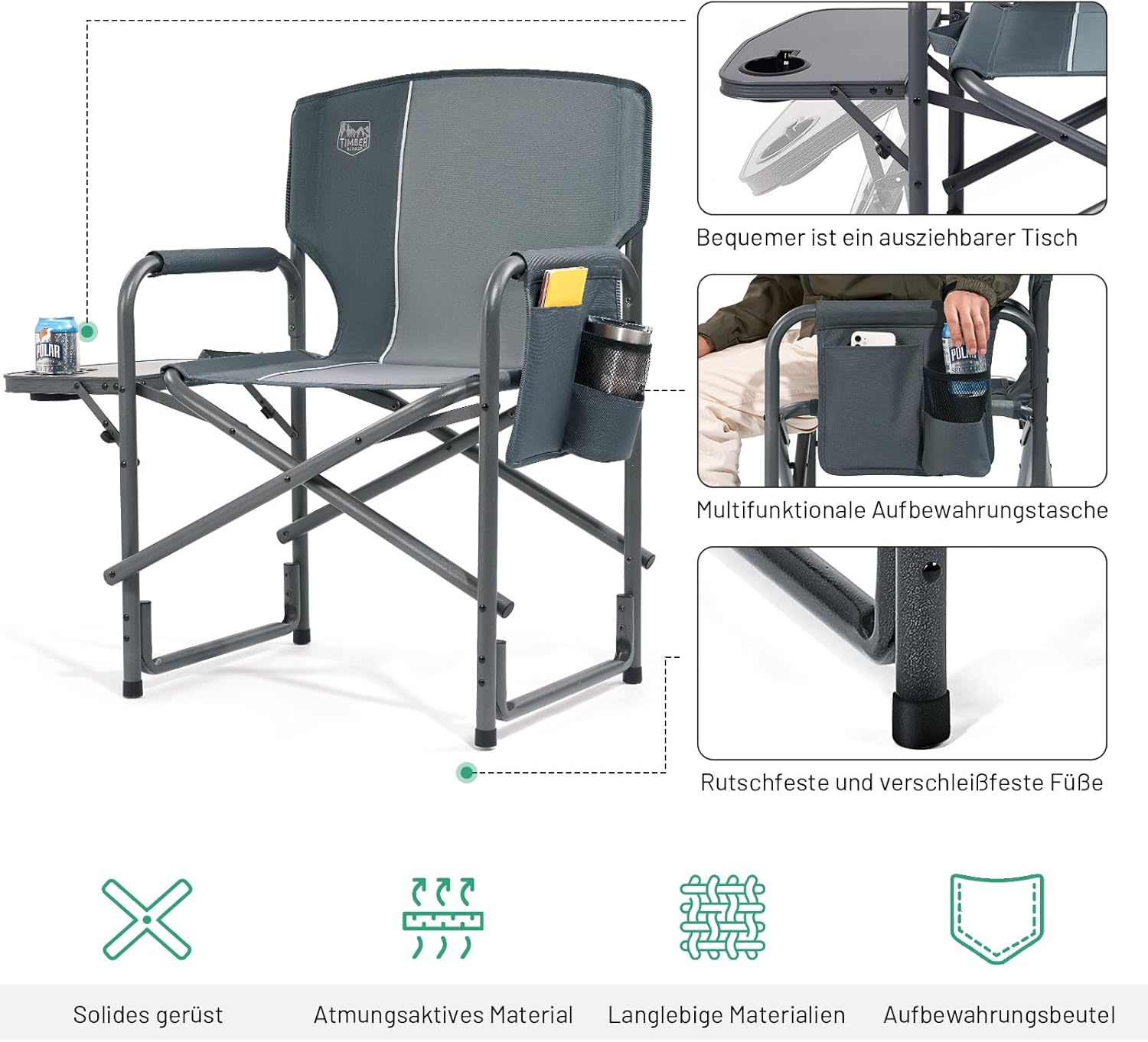 Thumbnail 5 de TIMBER RIDGE faltbarer Camping-Director-Stuhl (2er-Set) mit Seitentisch, Tasche und Getränkehalter – bis 180 kg, ultraleicht 3,3 kg