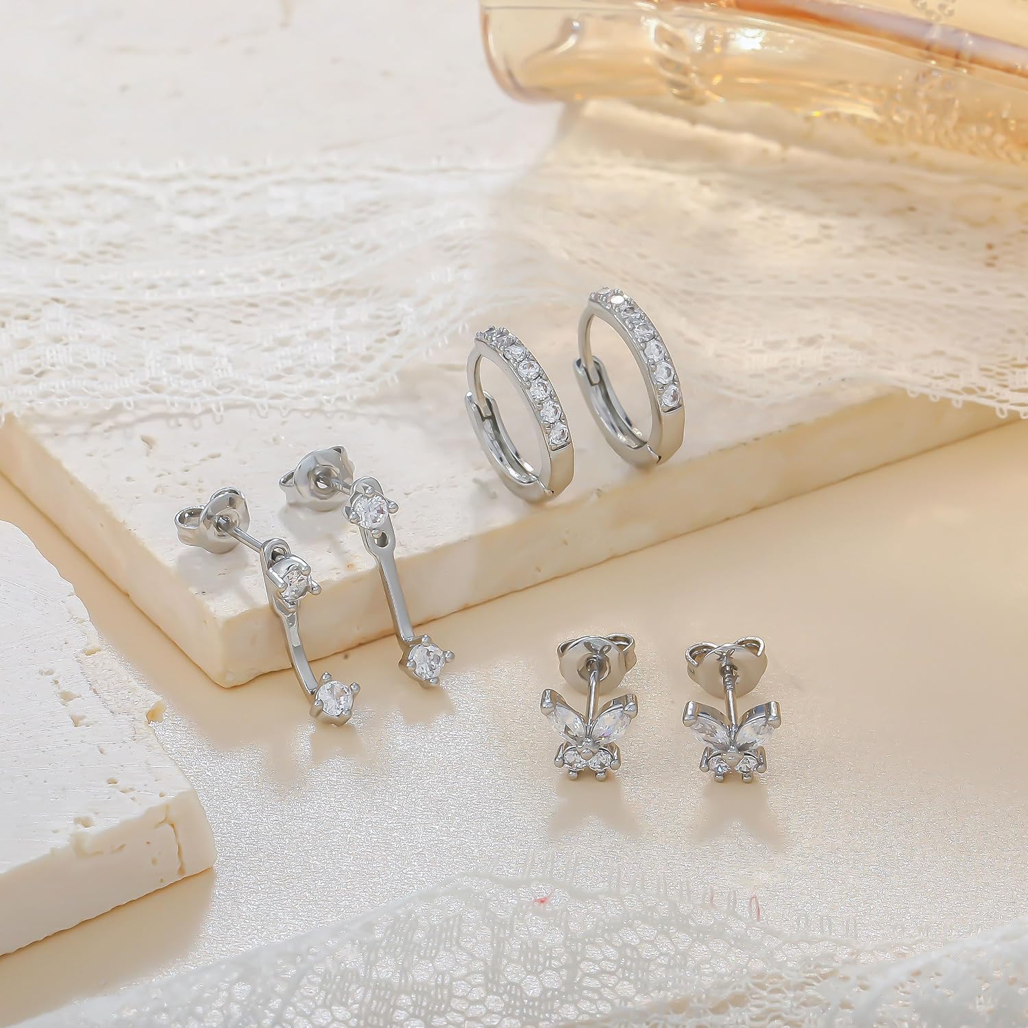 Thumbnail 6 de ZNBOH Set aus 3 Paar Ohrringen in 925 Silber, vergoldet (18K) – Zirkonia-Schmuck für Damen & Mädchen