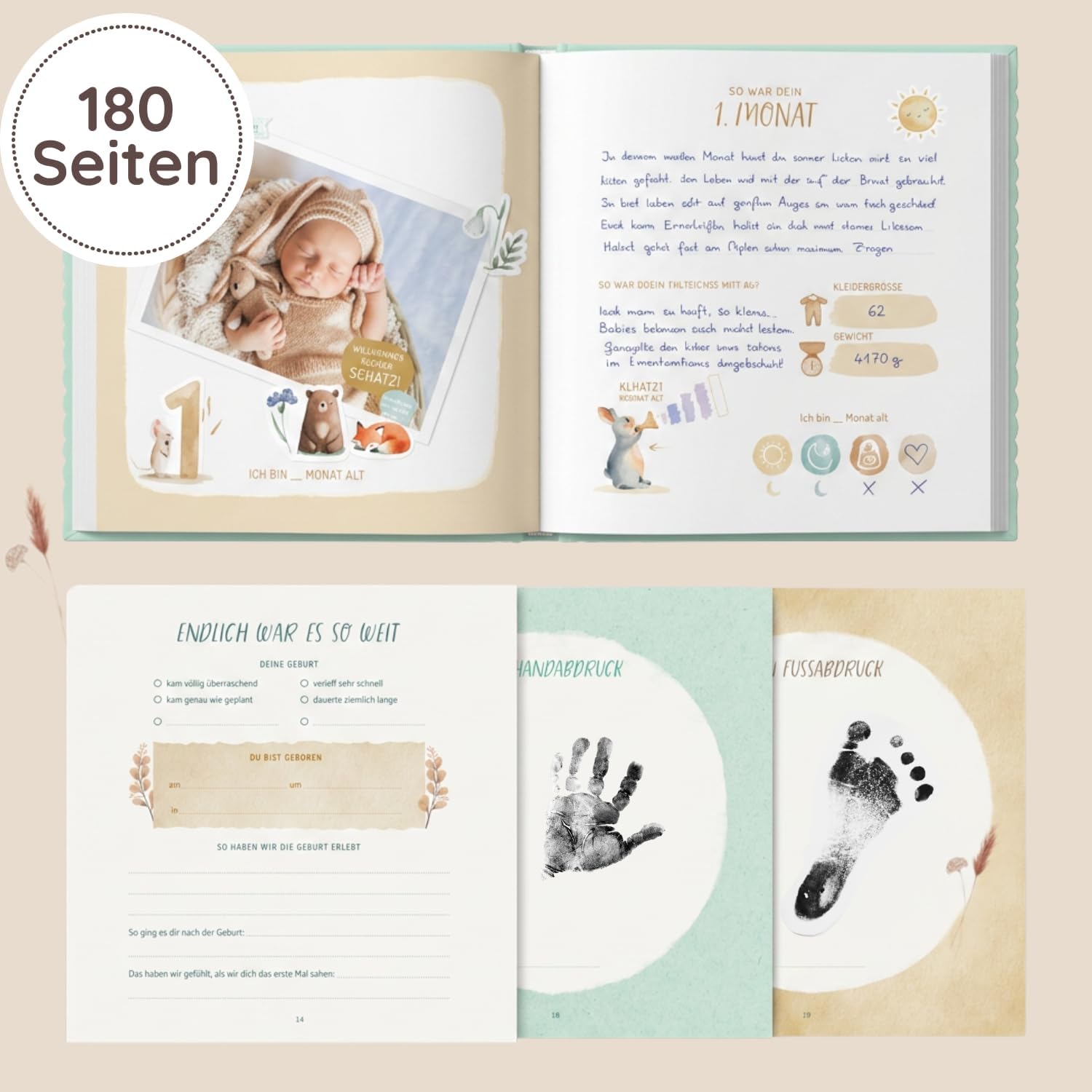 Thumbnail 3 de Mein erstes Jahr Babyalbum – Erinnerungsbuch mit Goldprägung, 80 Seiten (Natur)