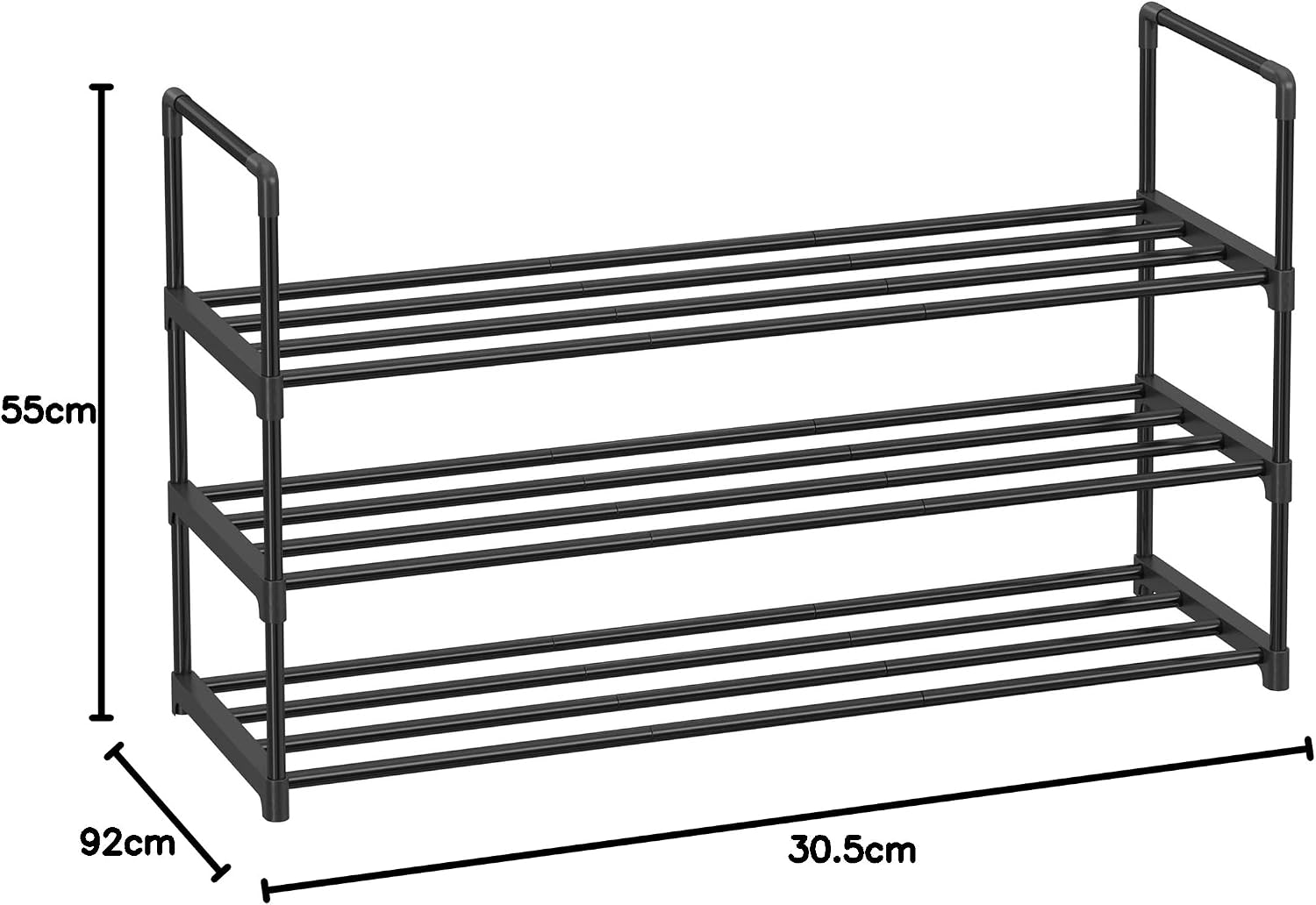 Detalle de SONGMICS DEKY LSA303B02 skohylla i metall, 3 plan, stapelbar, svart