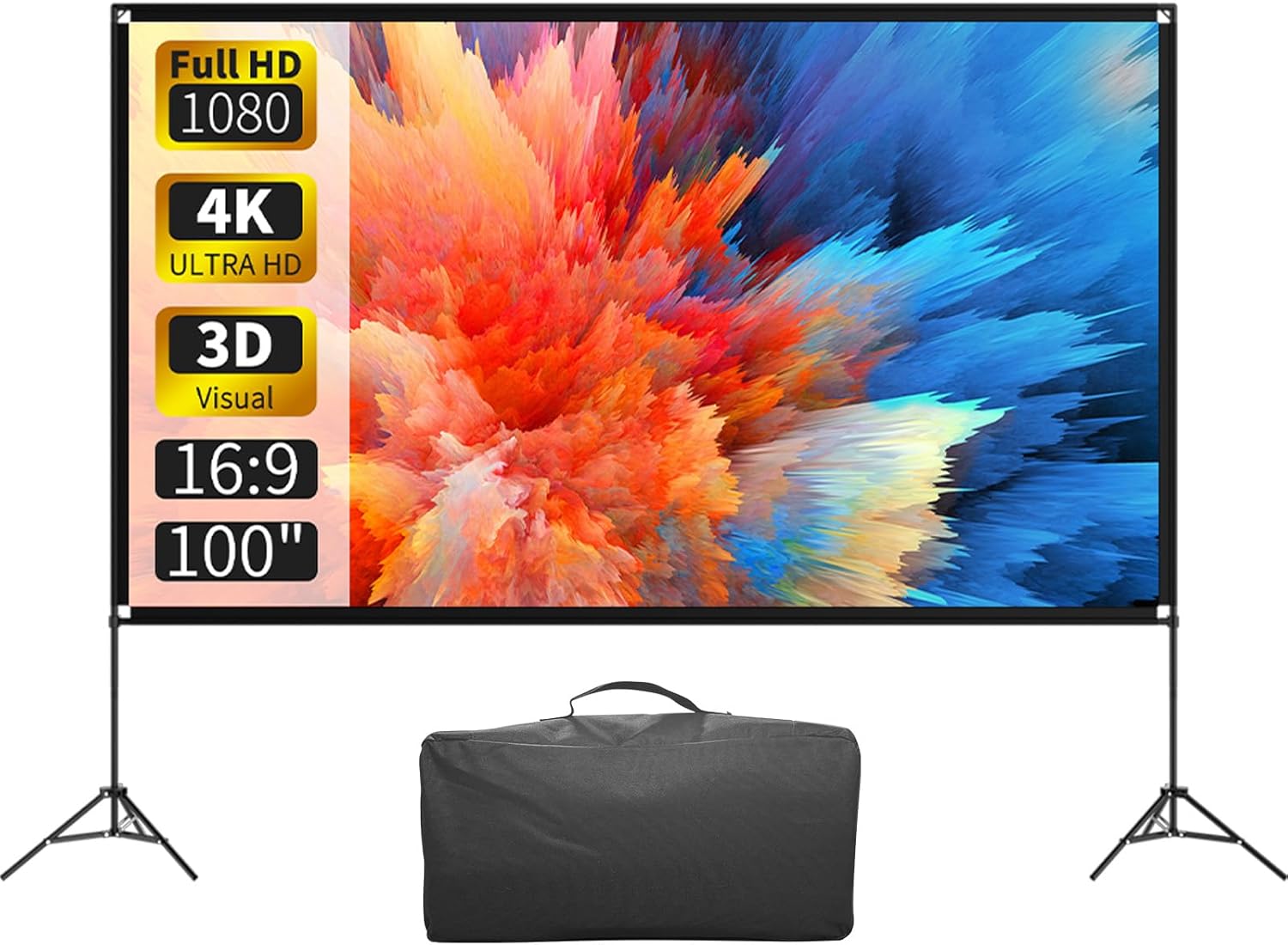 VISULAPEX 100-Inch Projector Screen with Stand (16:9, 4K HD) — Portable Foldable Movie Screen for Indoor/Outdoor