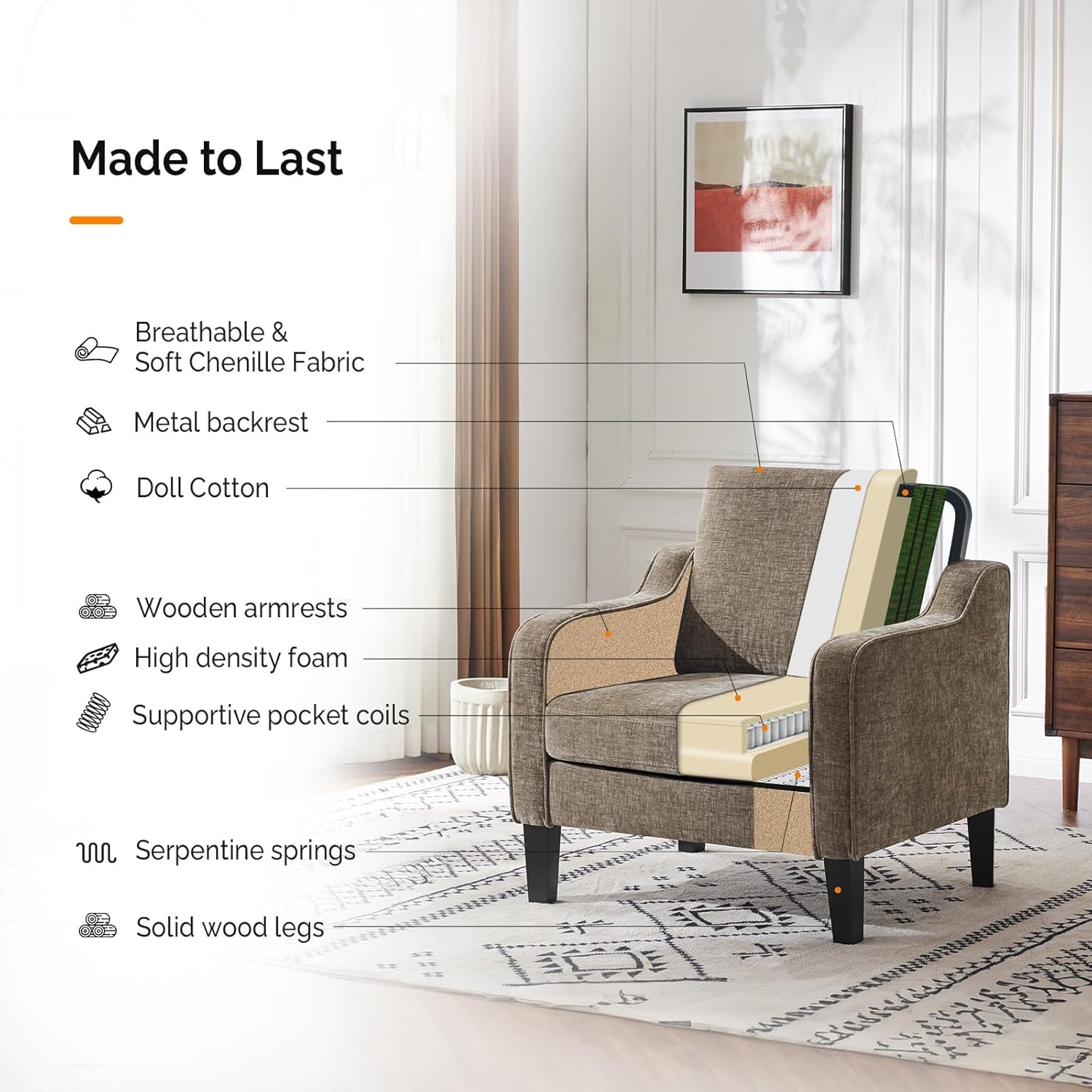Thumbnail 5 de VINGLI Accent Chair for Living Room – Light Brown Upholstered Mid-Century Modern Reading Chair