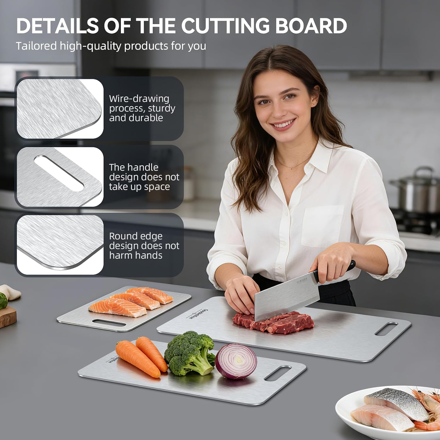 Detalle de Titanium Cutting Boards Set of 3: 100% Pure Titanium, Double-Sided, Dishwasher Safe