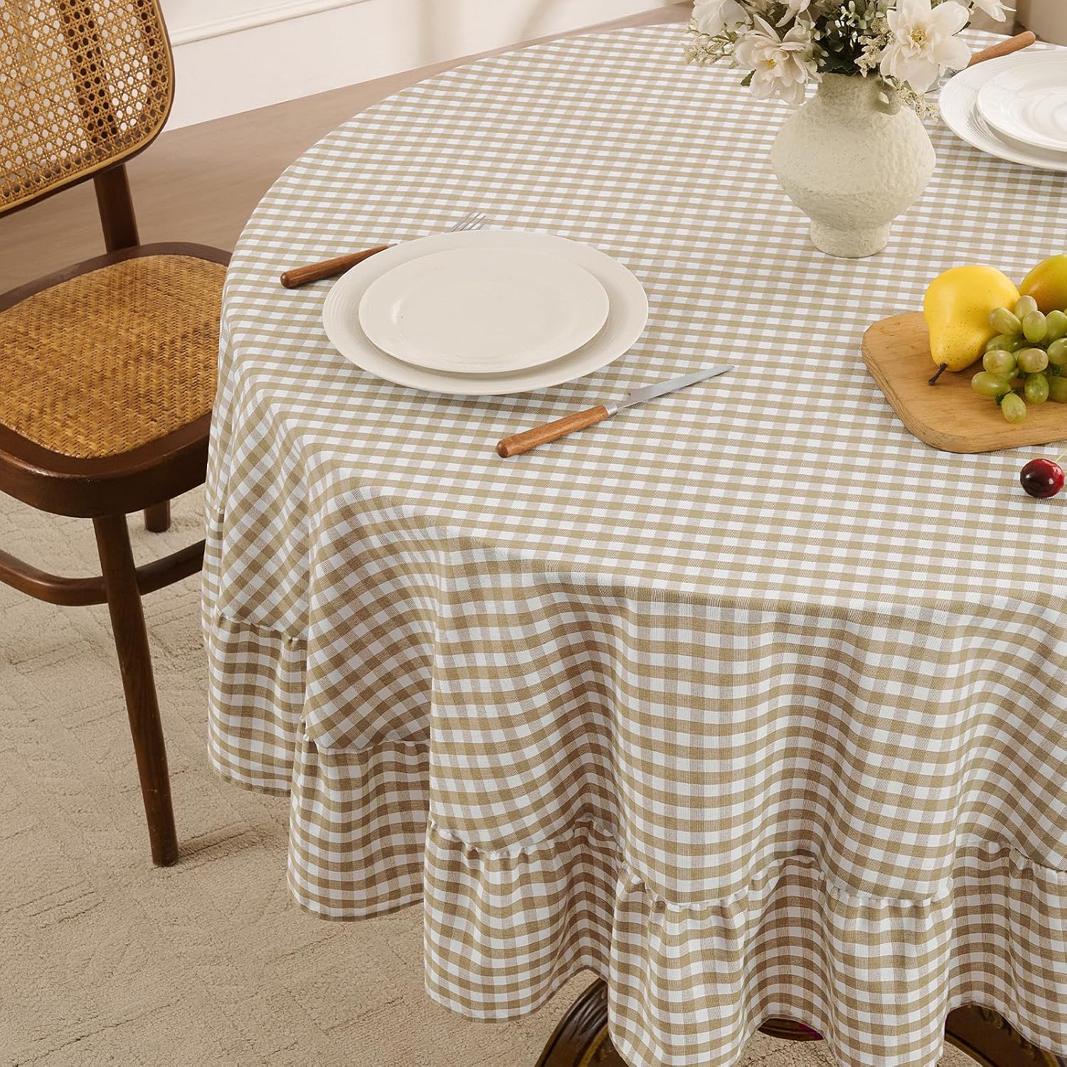 Thumbnail 1 de Romanstile Gingham Round Tablecloth with Ruffles - Taupe, 70-Inch, Water-Resistant Linen Cotton (Outdoor Use)